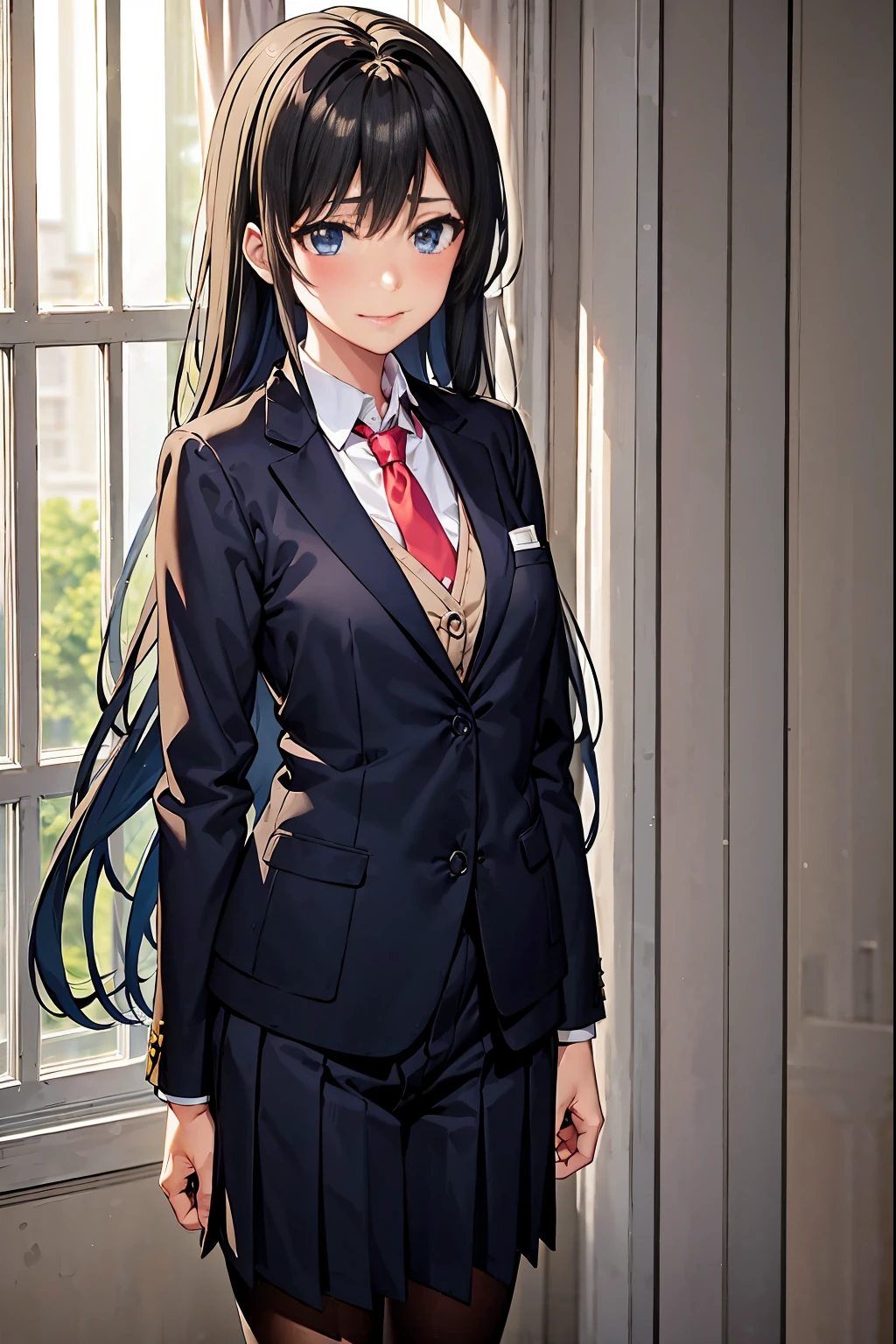 Anime girl in suit and tie standing in front of the window, anime moe artstyle, Nagatoru, smooth anime cg art, Beautiful girl in high school anime, official character art, anime visual of cute girl, Visual novel visual key, marin kitagawa fanart, Magic school uniform for students, formal art, attractive anime girl, CG visual novel