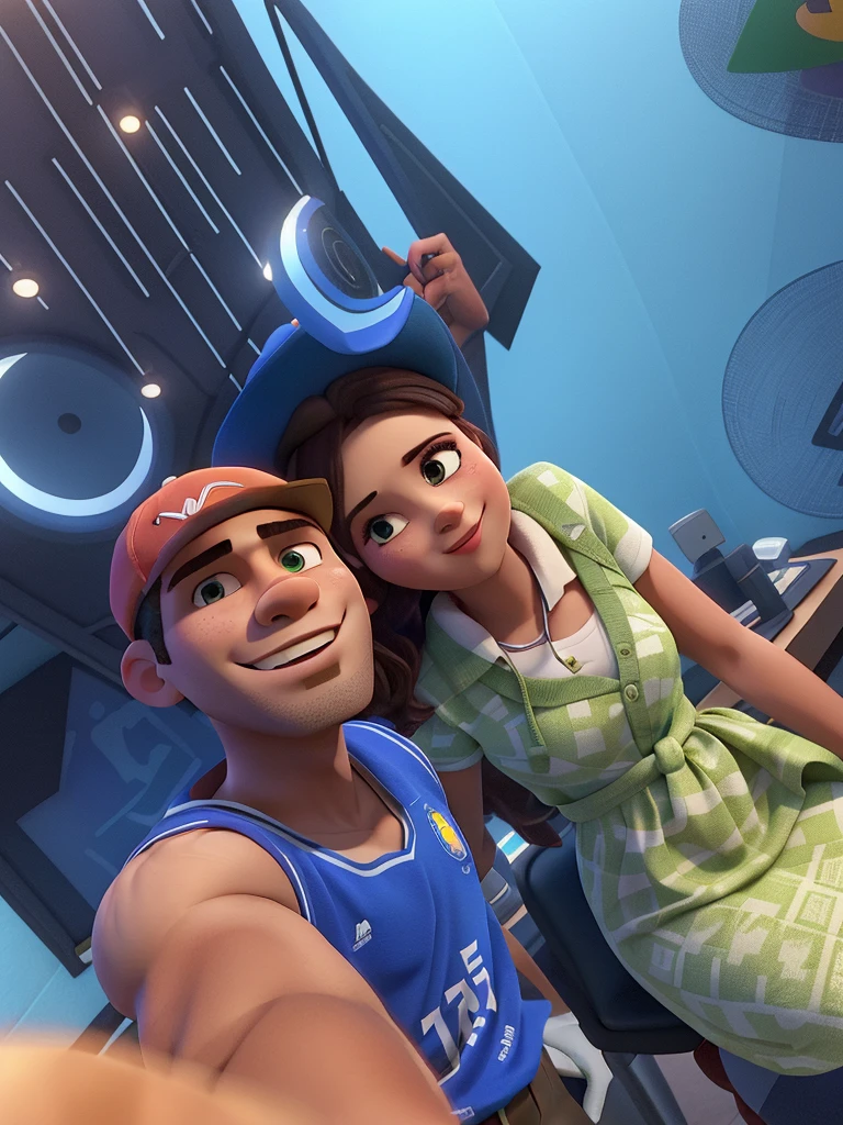 A man and a woman taking a selfie while they are both licking their lips and the man wearing a cap color brown and blue jersey and the woman wearing a green