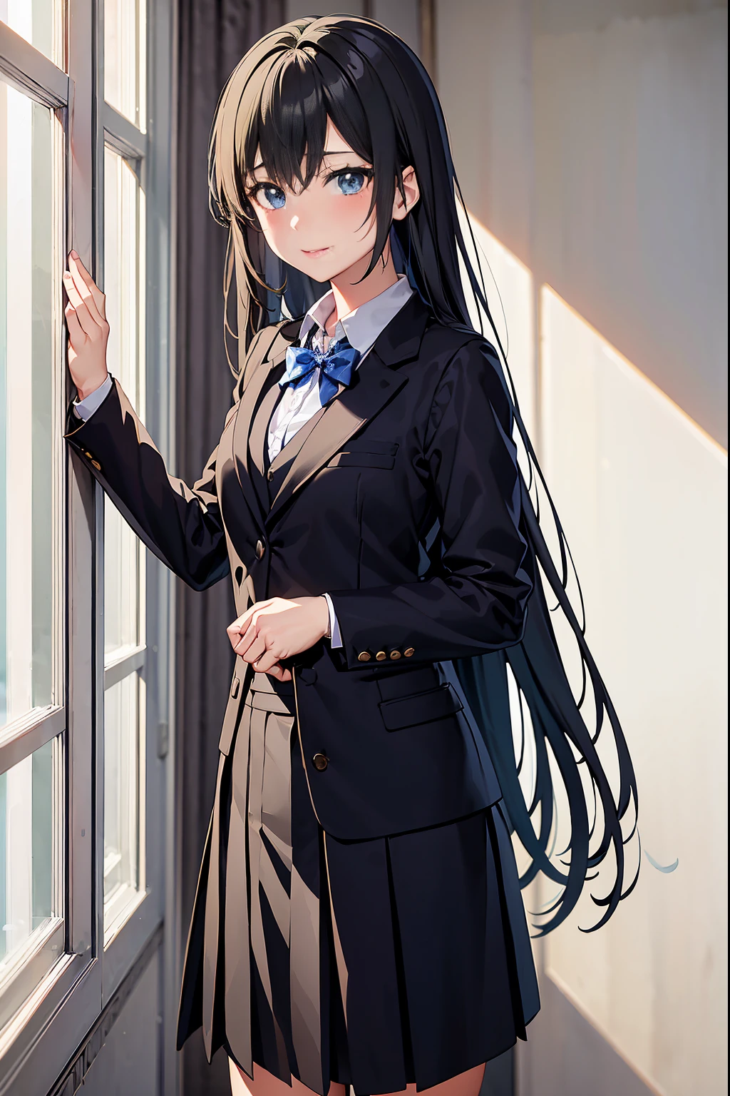 Anime girl in suit and tie standing in front of the window, anime moe artstyle, Nagatoru, smooth anime cg art, Beautiful girl in high school anime, official character art, anime visual of cute girl, Visual novel visual key, marin kitagawa fanart, Magic school uniform for students, formal art, attractive anime girl, CG visual novel