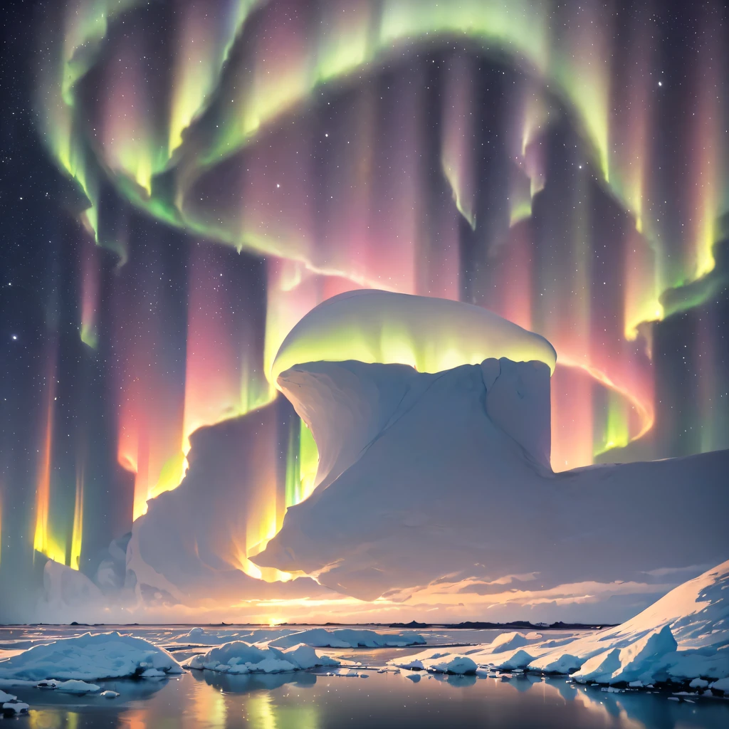 (extreme light,fritillary light,Northern Lights,Conspicuous group of auroras,Aurora Falls,Aurora Beach,Aurora Wave,The entire sky was filled with aurora borealis,Changeable colors,Starcloud,starrysky,black hole:1.55),This is a surreal complex CG rendering. At night, the light blue sky, the sand beach is covered with crystal clear, lifelike jade, glittering white and pink lily of the valley and petals, heart-shaped bright goose warm stone, crescent shaped sea water, Moon, Starlight, art, k hd, Starry sky, many small and colorful luminous particles, which are captured by the Milky Way, atarctive, tundra and icebergs, fantasy, Dream, High detail, Beauty, 8K, Natural warm light effect,aurora, octane light and shadow, Complex details, super wide-angle Panoramic photography. HD. volume light, Reflection, reflective light, exaggerated moonlight reflection.16K HD – Chaos 100