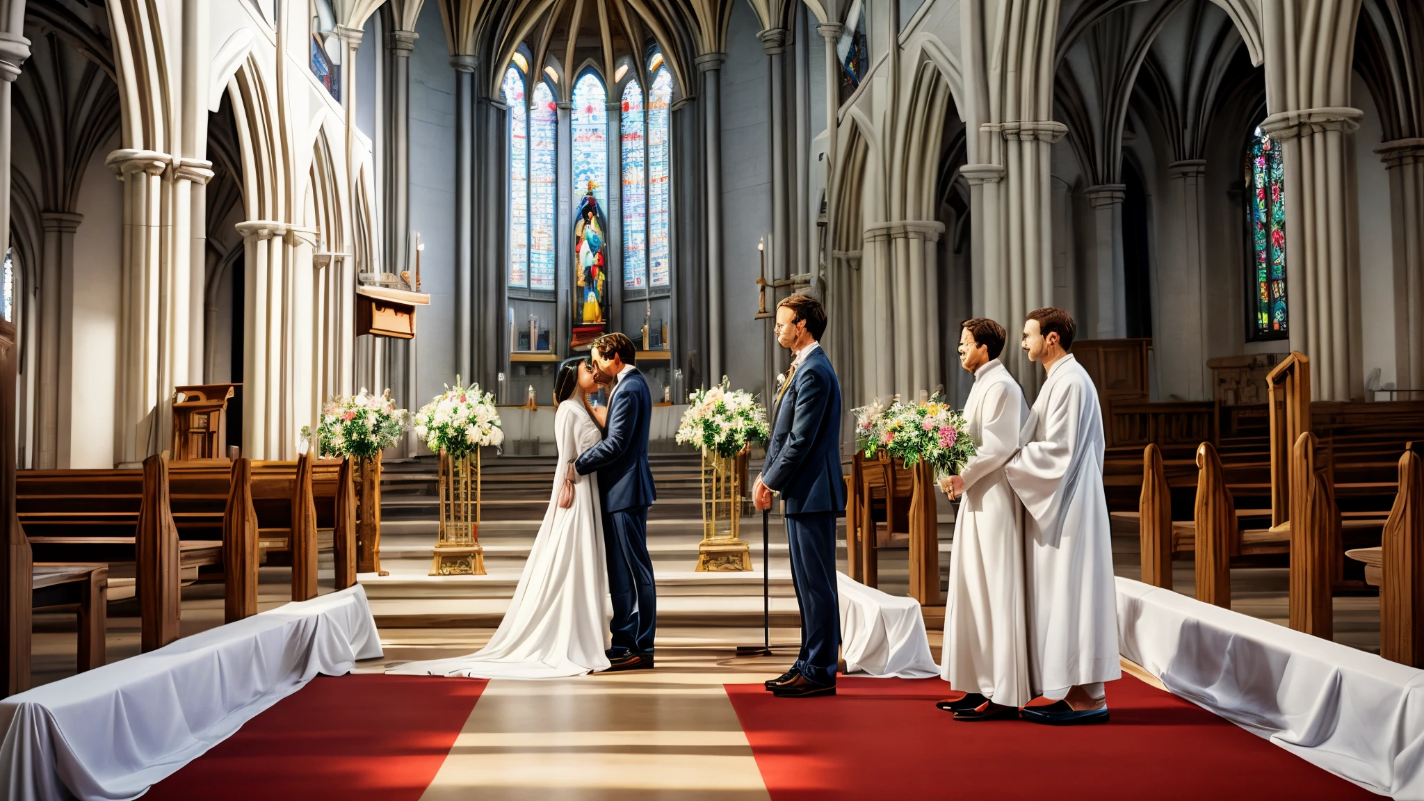 Disney Pixar poster of a couple . Standing in the middle of the church wearing white cloth