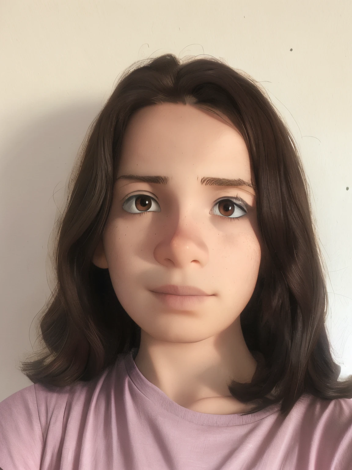 boy with long hair and a pink shirt posing for a picture, front portrait, looking straight to camera, front portrait of a girl, aged 13, frontal picture, headshot profile picture, 1 6 years old, brown hair and large eyes, girl with dark brown hair, taken in the early 2020s, looking directly at the camera