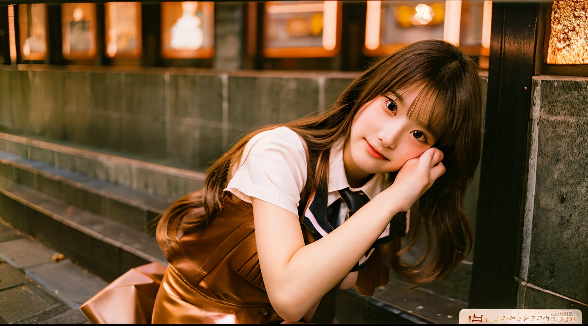 Cute high school girl, 18 years old, wearing a copper-colored miniskirt