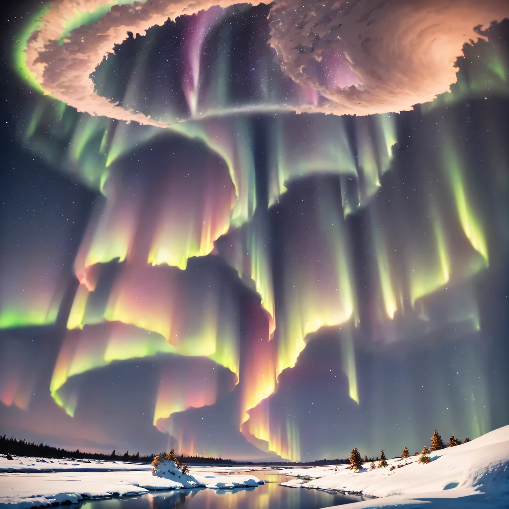 (extreme light,fritillary light,Northern Lights,Conspicuous group of auroras,Aurora Falls,Aurora Beach,Aurora Wave,The entire sky was filled with aurora borealis,Changeable colors,Starcloud,starrysky,black hole:1.55),This is a surreal complex CG rendering. At night, the light blue sky, the sand beach is covered with crystal clear, lifelike jade, glittering white and pink lily of the valley and petals, heart-shaped bright goose warm stone, crescent shaped sea water, Moon, Starlight, art, k hd, Starry sky, many small and colorful luminous particles, which are captured by the Milky Way, atarctive, tundra and icebergs, fantasy, Dream, High detail, Beauty, 8K, Natural warm light effect,aurora, octane light and shadow, Complex details, super wide-angle Panoramic photography. HD. volume light, Reflection, reflective light, exaggerated moonlight reflection.16K HD – Chaos 100