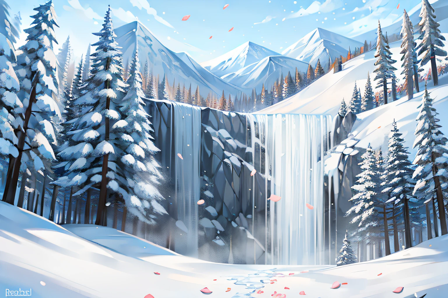 The mountains are covered in snow，snow field，grass covered with snow，tree covered with snow，petals，frozen waterfall