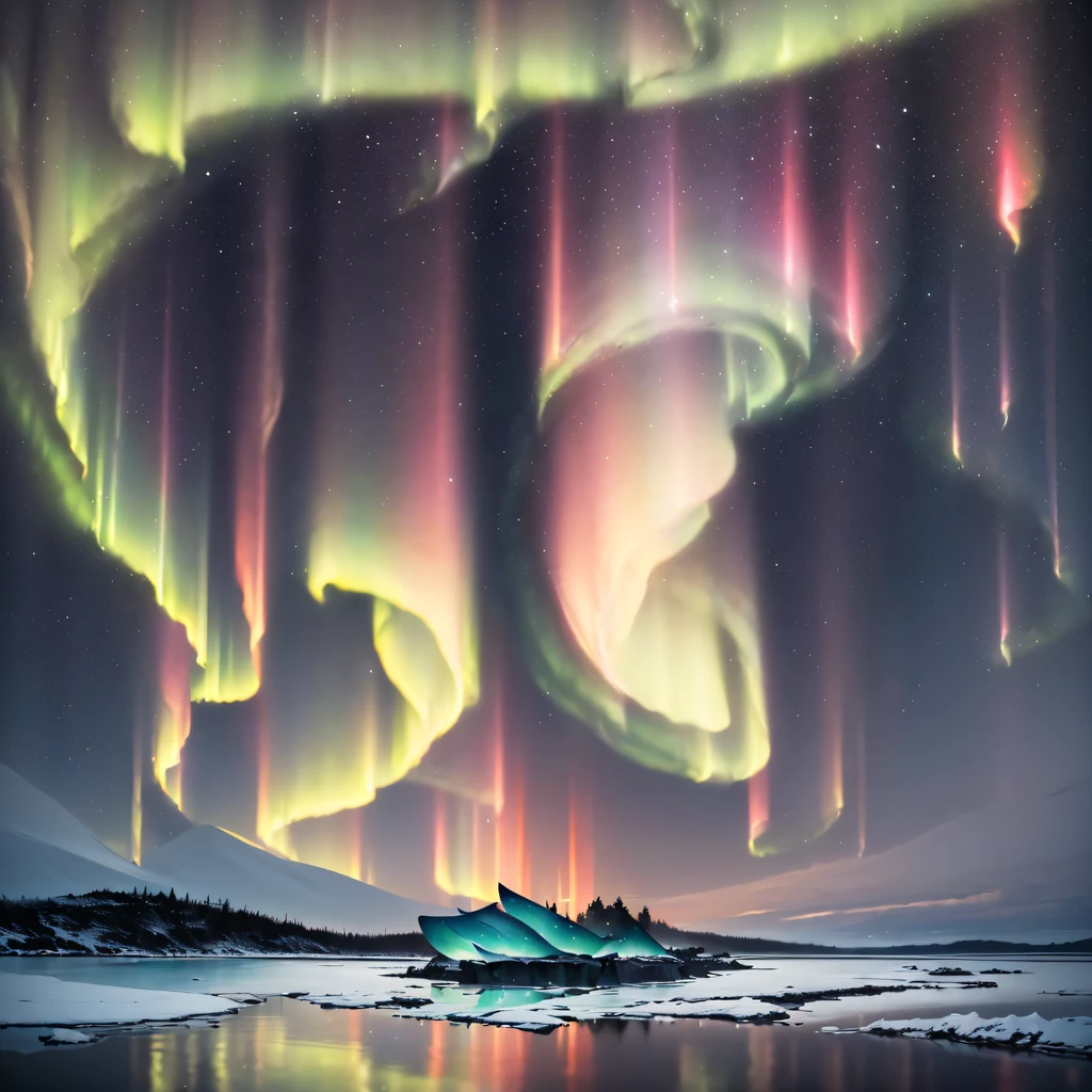 (extreme light，fritillary light，Northern Lights，Conspicuous group of auroras，Aurora Falls，Aurora Beach，Aurora Wave，The entire sky was filled with aurora borealis，Changeable colors，Starcloud，starrysky，black hole：1.55），This is a surreal complex CG rendering. At night, the light blue sky, the sand beach is covered with crystal clear, lifelike jade, glittering white and pink lily of the valley and petals, heart-shaped bright goose warm stone, crescent shaped sea water, Moon, Starlight, art, k hd, Starry sky, many small and colorful luminous particles, which are captured by the Milky Way, atarctive, tundra and icebergs, fantasy, Dream, High detail, Beauty, 8K, Natural warm light effect,aurora, octane light and shadow, Complex details, super wide-angle Panoramic photography. HD. volume light, Reflection, reflective light, exaggerated moonlight reflection.16K HD – Chaos 100