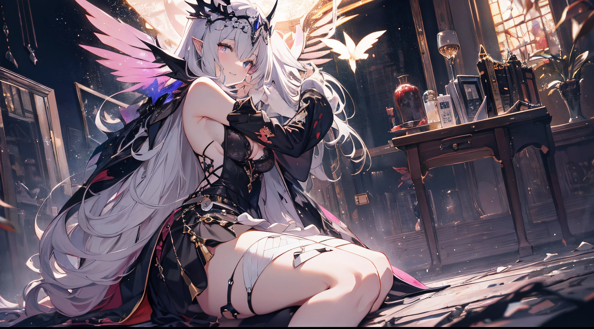 ((Finest quality)),(超A high resolution),(ultra-detailliert),(Meticulous portrayal),((Best Anime)),(Finest works of art),(Ultra-Precision Art),(The art of astounding depiction,Overwhelming depiction:1.5),(intricate and detailed art:1.6), (adult woman:1.5),(Hanging:1.6),Staring at this:1.4,sneering:1.5,(Armor shaped like a skeleton:1.3), (Black Flame:1.5), terrifying, nightmarish, cosmic horror, body horror, NSFW, small breasts, a heavenly female knight, imposing, biblical, NSFW, long white grey hair, grey white eyes, very skinny, detailed, best quality, prominent collarbones, skinny arms, flat stomach, visible hip bones, small breasts, full body, red and white clothing, occult aesthetic, occult, detailed and intricate steampunk and detailed gothic, NSFW, Fluttering lace flared long knee length dress with frilly petticoats, knee length dress, pleated petticoats, petticoats gothic, complex lace boots, gothic aesthetic, wielding a mighty sword with mechanical components, mandalas, small breasts, a fairy, various different types of insect wings, bug wings, beetle wings, NSFW, full body, whole body, body, chains, 