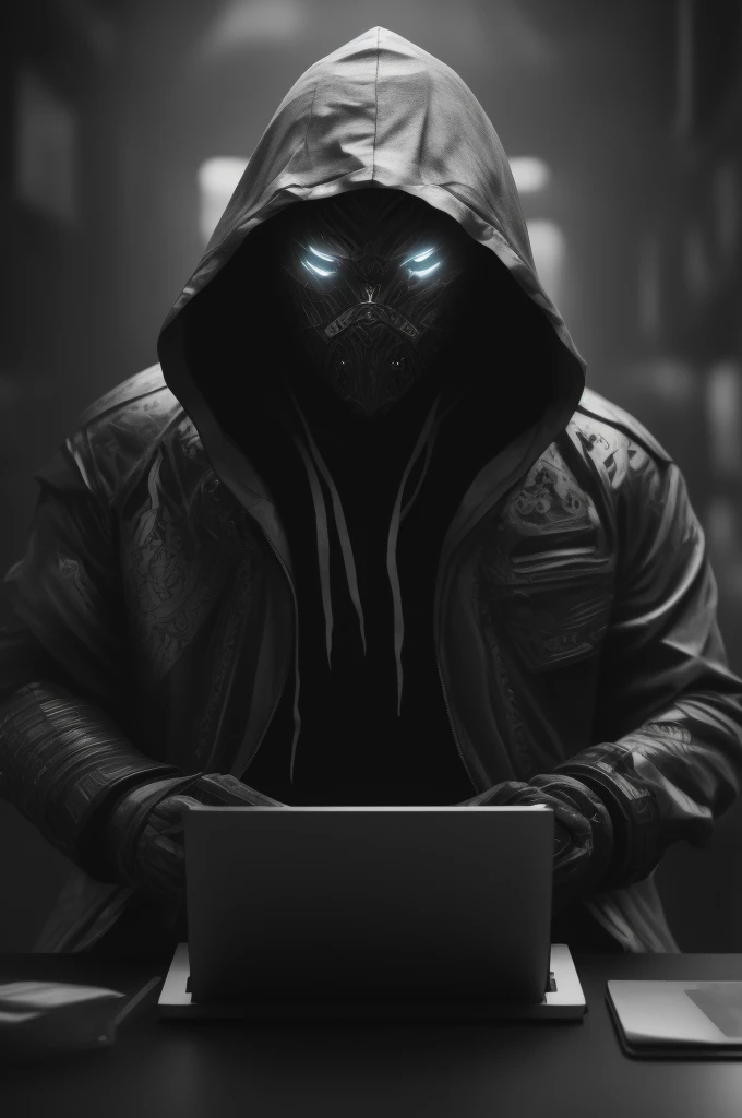 Wearing a gray hood、black face、Shiny-Eyed Hero Thunder Designs a Masked Character Hacker, badass👑, fundo neon preto and cinza, epic lighting, Photographic lighting, Reflection mapping, ultra - detailed, フォトリアリスティック, Cinematic, Movie quality rendering, vfx post production, rtx ray tracing lighting, bad atmosphere,