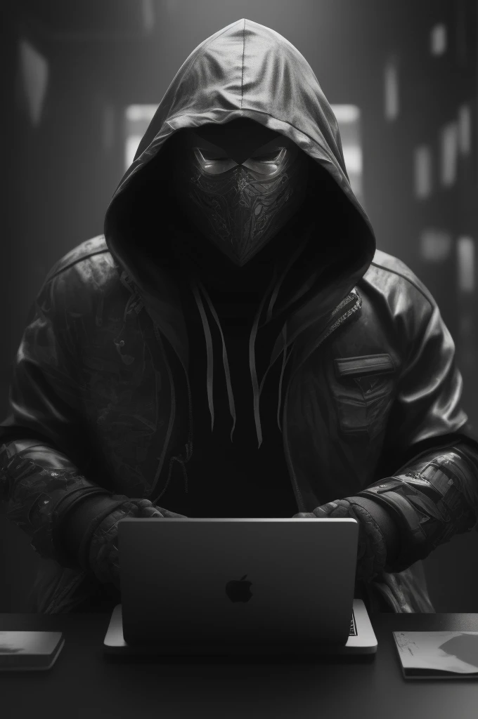Wearing a gray hood、black face、Shiny-Eyed Hero Thunder Designs a Masked Character Hacker, badass👑, fundo neon preto and cinza, epic lighting, Photographic lighting, Reflection mapping, ultra - detailed, フォトリアリスティック, Cinematic, Movie quality rendering, vfx post production, rtx ray tracing lighting, bad atmosphere,