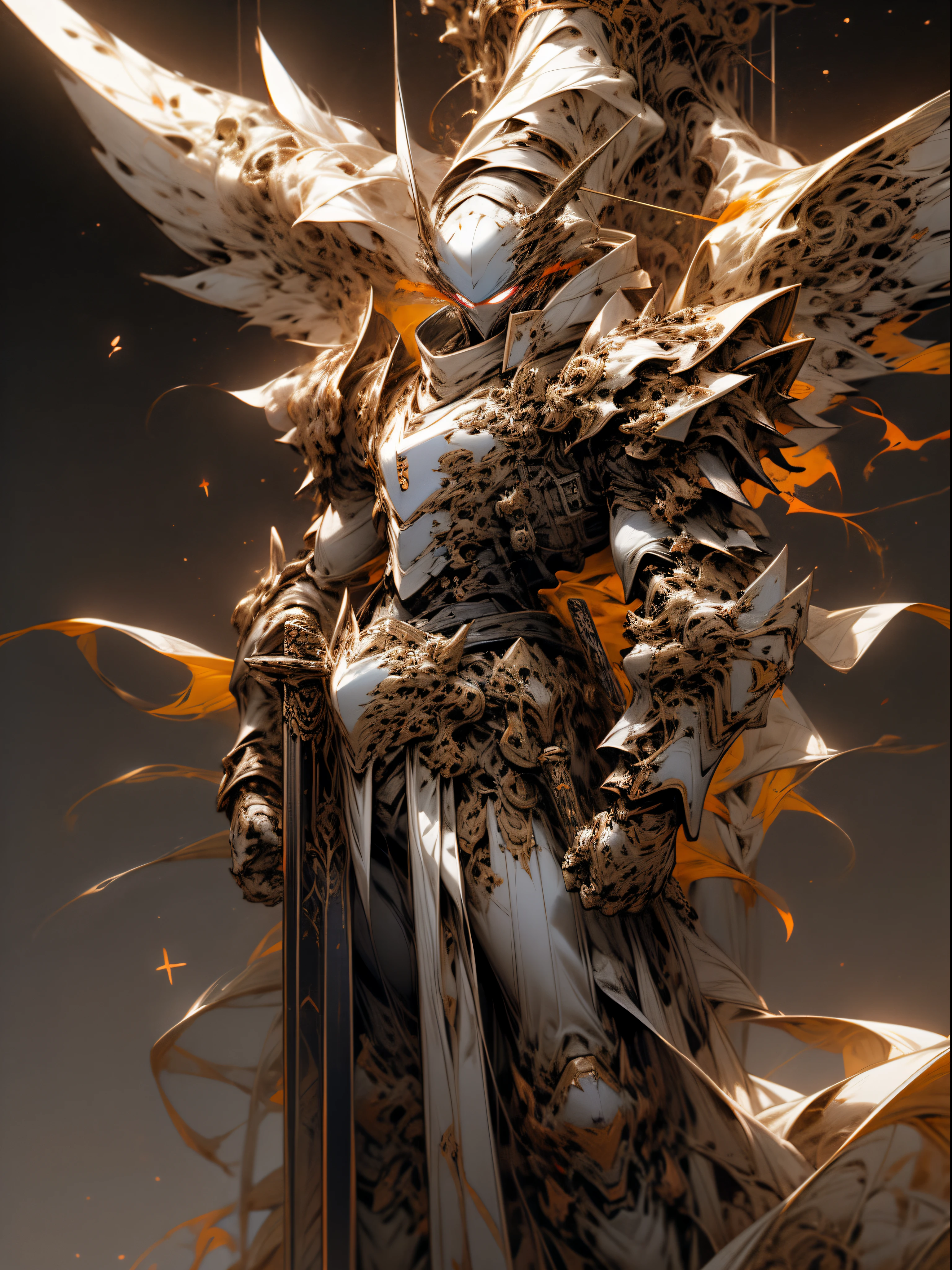fiery background, cosmic mech kight, void armor with start and galaxy on it, celestial mech armor, handsome armor, eyes burning, 4k image, ulta-high detailed image, magical mech sword with dark energy, sword in mech knight's hand, face towards camera, ultra-high detailed background, sharp-detailed character