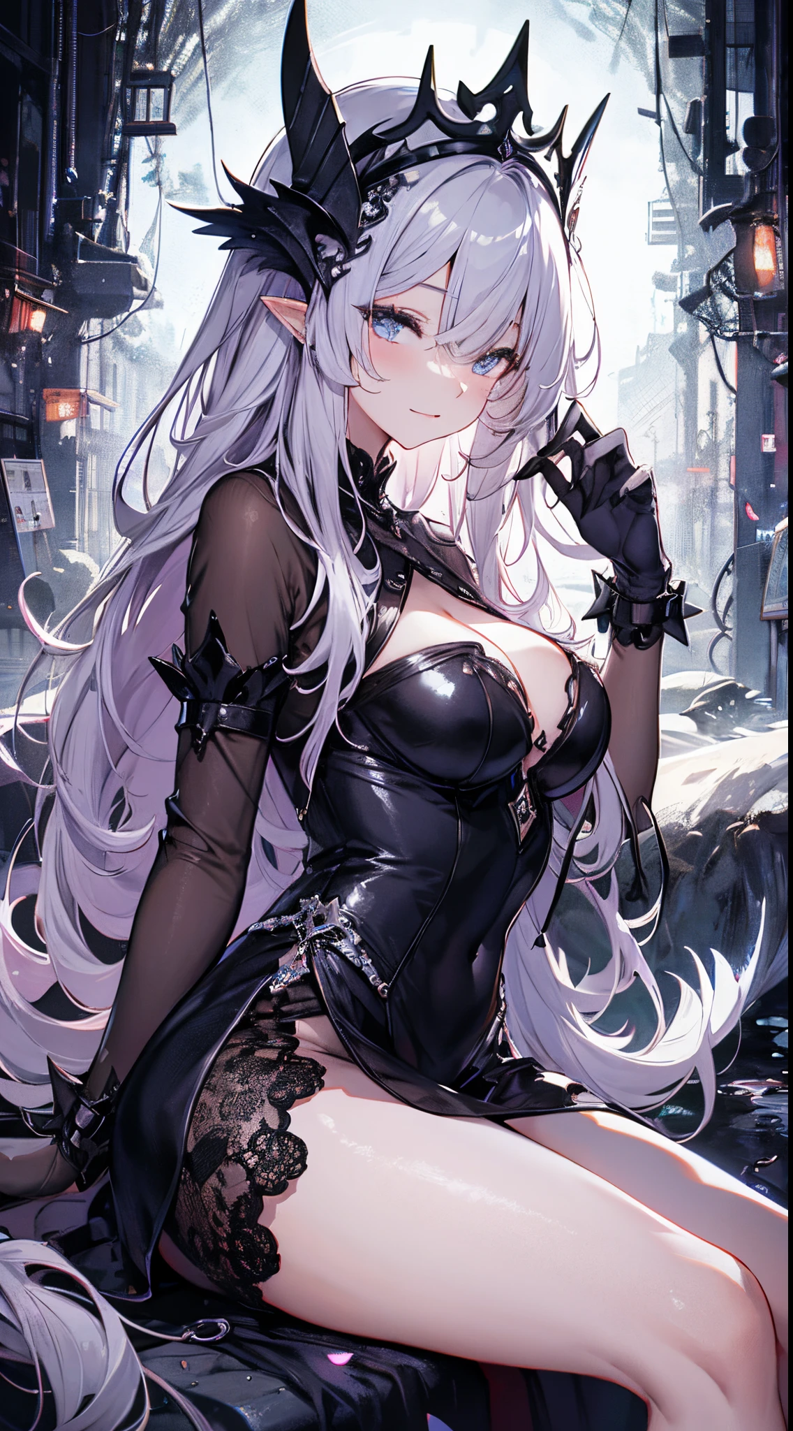 ((tmasterpiece:1.4,Best quality))+,(hyper-detailing)+,(Bandages around the eyes:1.5)+,(pointy ears:1.5),
(cute girls),15year old,(Wrap limbs in black cloth:1.15),(Long pale pink hair,long braid,Bushy hair:1.5),(wariza:1.2),pale-skinned,seduct smile,black crystal block,God of darkness'Fe,Red crystal on forehead,Dragon tail,black crown,White Bone Throne,Dead tree,With his eyes closed
(She was wearing a shabby pink dress,grey dress,bone pattern,:1.5),(black Bracelet:1.4)The sleeves are extra-long,black spiked headdress,dense fog,white colossus,Dream bubbles,black fingernails,red apple,Sitting on an old wooden chair,metal chains,Black silk gloves,Old
(Demon Maiden:1.1),
(dawn light:1.2),
(Thick black and white:1.16),(depth of fields:1.4),Complicated details,color mixing,Detailed route,Excellent,super detailing,The content is very detailed,(hight contrast:1.11),ventania,Amazing cleavage,beautidful eyes,messy hair,(best illuminate,Extremely Delicately Beautiful), ((movie light lighting)), (seen from the side:1.3),8K,tmasterpiece,Best quality,cinematic Film still from,1 plump girl,(Close-up cleavage:1.1),bright,Interesting,gentlesoftlighting,(bauhause,shape,line engineering,Abstract:1.1)offcial art, Unity 8k壁纸, ultra - detailed, Beautiful and beautiful, tmasterpiece, Best quality, (dynamic angle:1.4),Perfect NwsjMajic,(tmasterpiece,top-quality,Best quality,offcial art,Beauty and aesthetics:1.2),The content is very detailed,rich colourful,highest details,