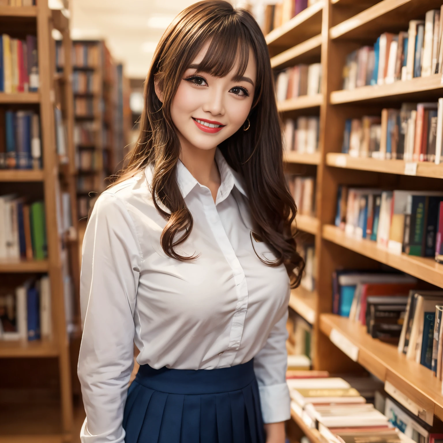 ((top-quality、masutepiece、8K、Top image quality))、Highly saturated、1 girl、((navy uniform blazer、Uniform Shirt、Red ribbons、navy pleats skirt))、The happiest smile、View me、waved hair、Being in the library、Stand next to a bookshelf、Bookshelf in background、cozy library、bright lipstick、long eyelashes、Perfect makeup、Emphasize body lines、large full breasts、soft warm lighting、Detailed bookshelf、accurate anatomy