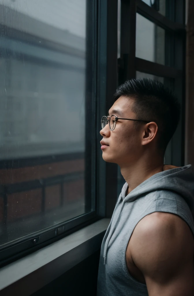 1man, Andrew thomas huang, eyeglasses, neat muscular, sleeveless hoodie, looking out the window, rainy, side photo shot