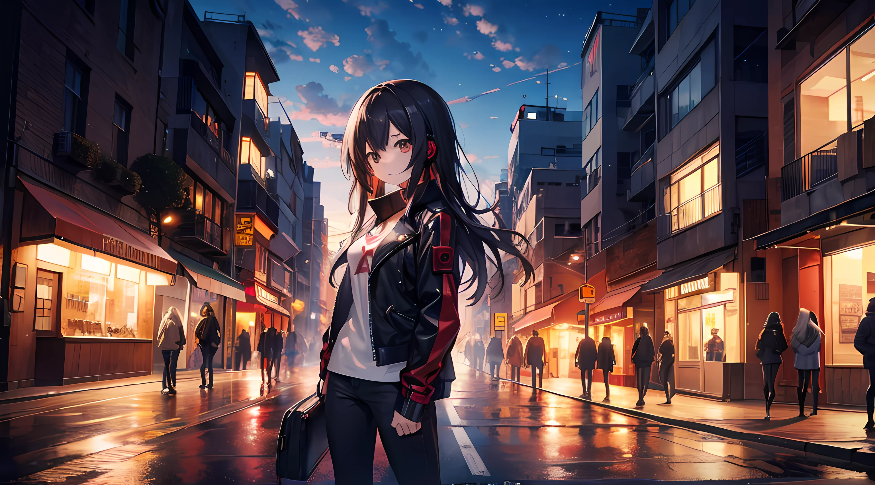 anime girl standing in the city streets, night, buildings in the background, (1girl), long black hair, brown eyes, red leather jacket, jeans, wearing headset, ultrasharp, masterpiece, high res, 8k