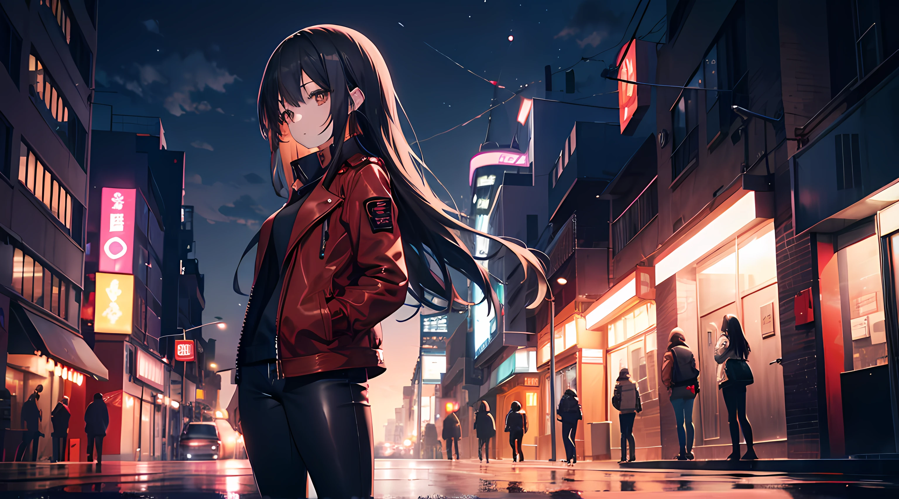 anime girl standing in the city streets, night, buildings in the background, (1girl), long black hair, brown eyes, red leather jacket, jeans, wearing headset, ultrasharp, masterpiece, high res, 8k