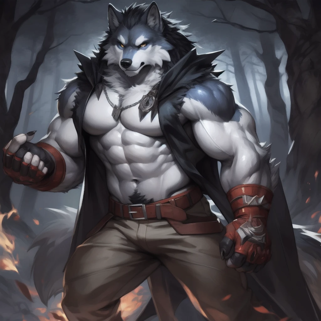Lobo (gato con botas), obra maestra, NSFW, masculino, musculoso (sin ropa) , con semen, parada, pelaje blanco, ojos rojos, pene grandes , sentado en el bosque, sin pantalones, mastubarse. Mancha gris,
