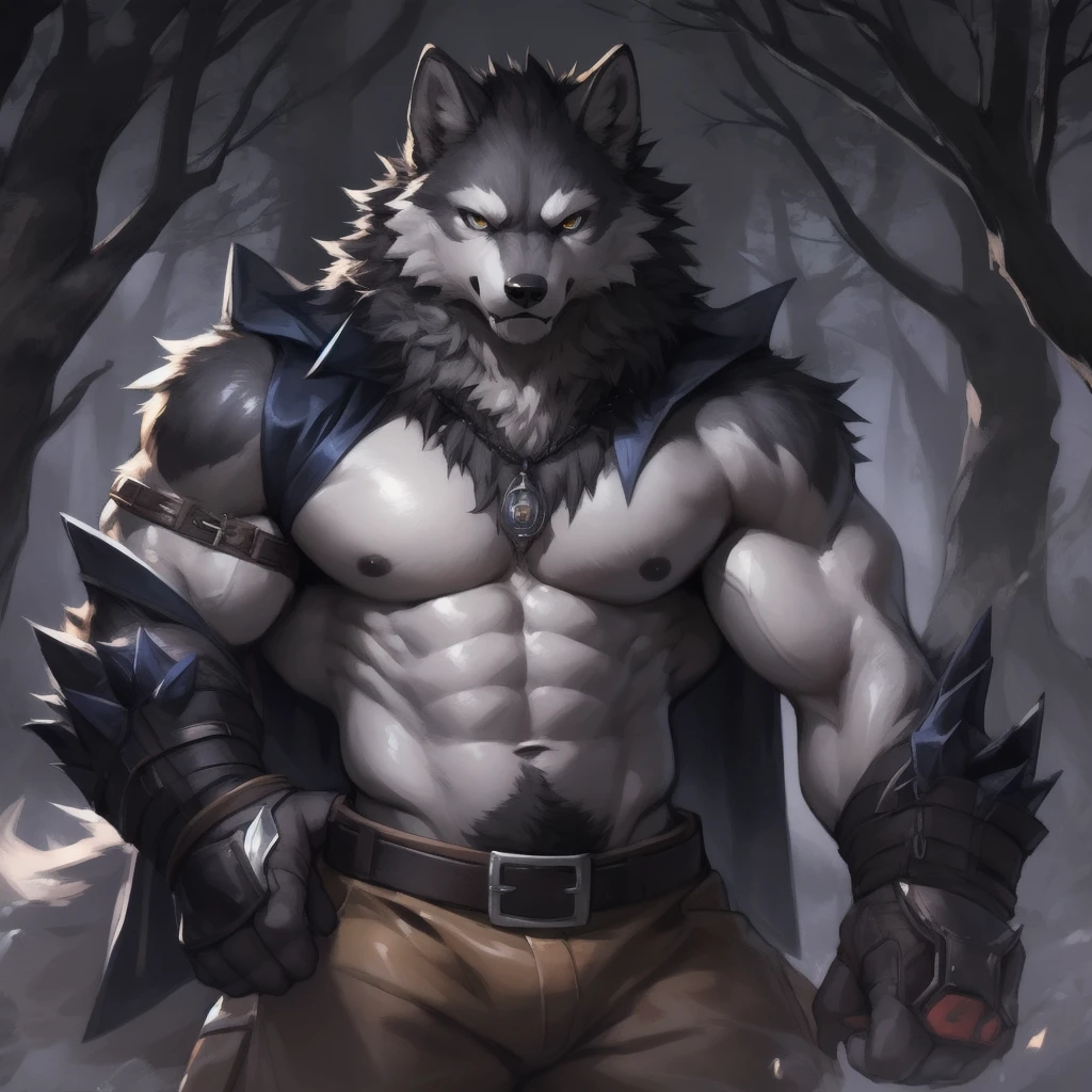 upload on e621, Masterpiece, by Pino Daeni, by null-ghost, by kiyosan, best quality, ultra high res, 4K, 8k HD, 2D, perfect anatomy, digital art, official art, extreme detailed, ultra detailed, strapsanime, color, soft shading, sharp focus, forest woods background, powered up silver lightning elemental aura body, dark black body fur, silver belly, detailed fluffy fur, ultra detailed face, detailed eyes, detailed iris eyes, detailed yellow eyes, white sclera, black pupils, navel, abs, bare pectoral, black claw nails, furry wolf male, mature male, dark black huge bulky muscular body fur, canid, huge muscles, huge pecs, huge biceps, canine, canis, mammal, powerful wolf god, hyper muscle, wolf male, fierce face, serious expression, badass, fighting stance, large black nipple, wolf anthro, solo, looking at viewer, standing, wearing full complete sleeveless long black and silver coat/jacket, black and silver full complete sleeveless long coat/jacket, shirtless, dark black longest hair, dark black longest back fur hair, dark black longest hair fur front lay on pecs, hair color match his fur color, perfect fingers, dark black hands and fingers, wearing fingerless black gloves, black gloves, one black armbands on biceps, three black armbands on forearms, one silver moon, large black prayer beads necklace with silver moon teardrop pendant attached to prayer beads necklace rest on his tuft pecs, dark black and silver underside long tail, black long pants with silver designs with belt straps on leg