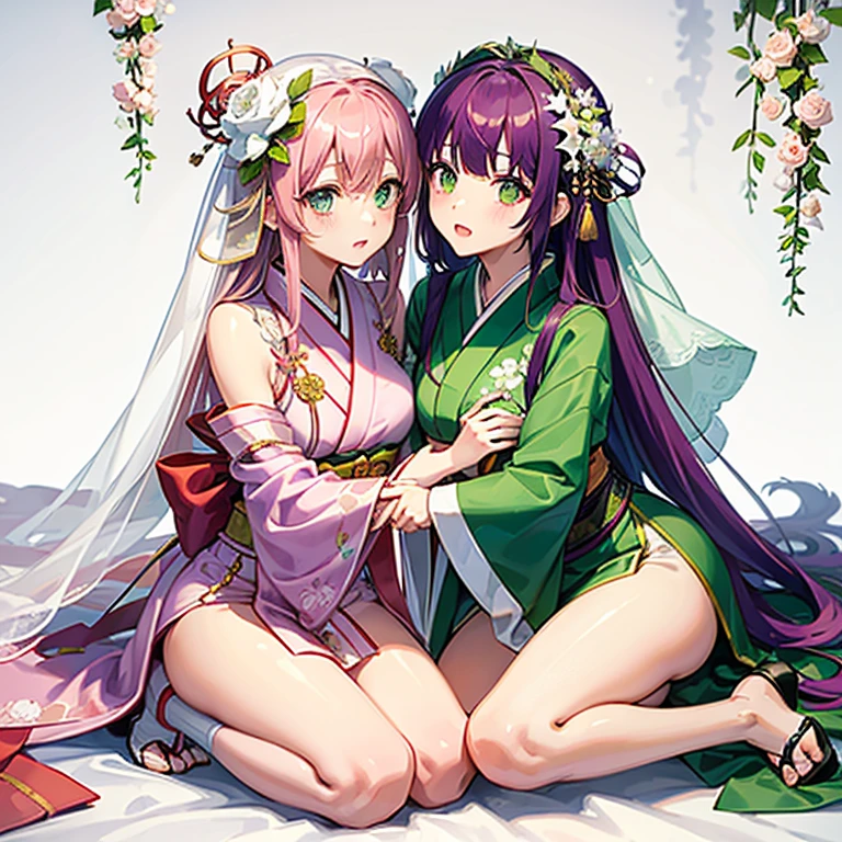 2 Kiss Ying , One has long green hair................, purple eyes.. , The other has long pink hair................, High Quality, couple , Girls love girls................., Yuri,,A Beautiful Girl, lesbian, lover, luxury, dynasty ,castles.elf. night light. dim lighting. romantic. kiss. Expressions of love . at night. Cherry trees,.large boobs. body plump, Look at each other.. . Embarrassed ,drooling,,onsen,sake,Wear a towel.