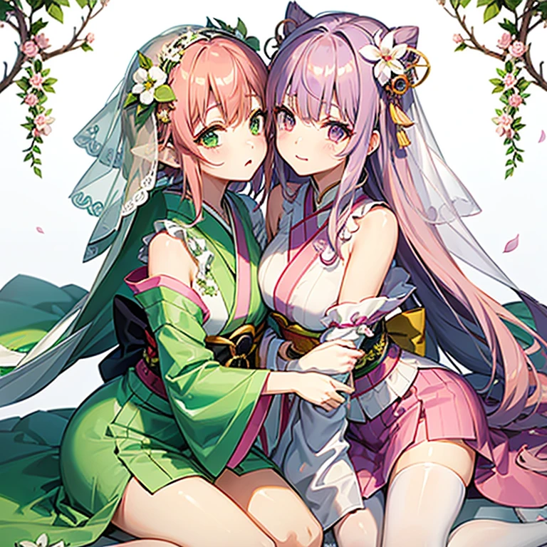 older sister(Pink hair、green colored eyes、Kimono with white、thigh、white flower hair ornament、Green Veil)and sister(Purple hair long、Pink hair ornament、Kimono with white、green veil、thigh、)hug each other on their knees、Crying