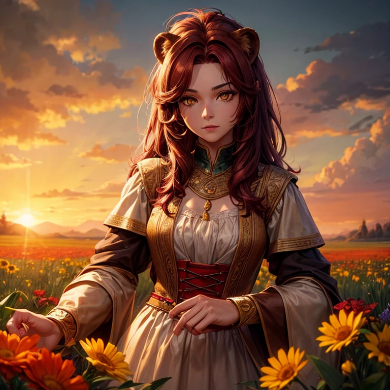 Slave Lion girl with dark red hair and yellow eyes ,Perfect detailed eyes, field of flowers,
High detailed, Portrait,32K,high resolution, cinematic,Campfire, slave clothes,
