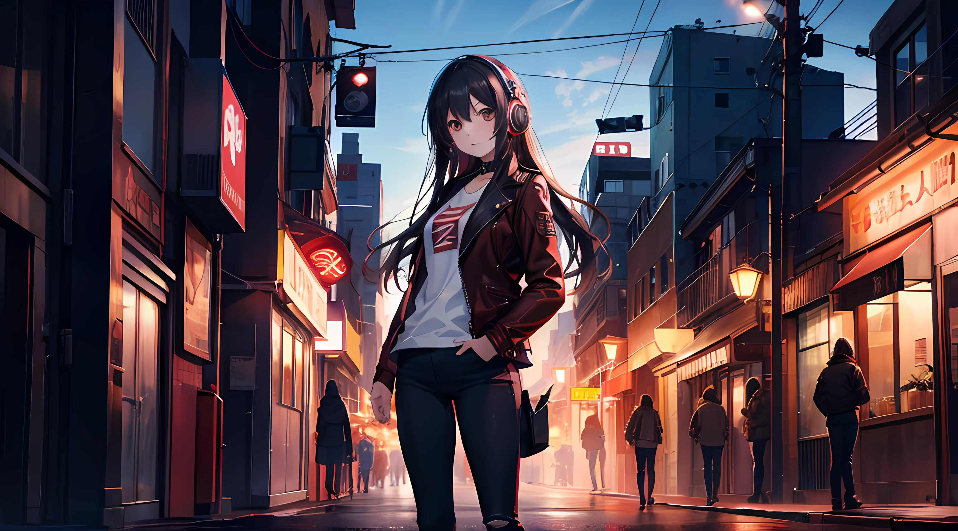 anime girl standing in the city streets, night, buildings in the background, (1girl), long black hair, brown eyes, red leather jacket, jeans, wearing headset, ultrasharp, masterpiece, high res, 8k