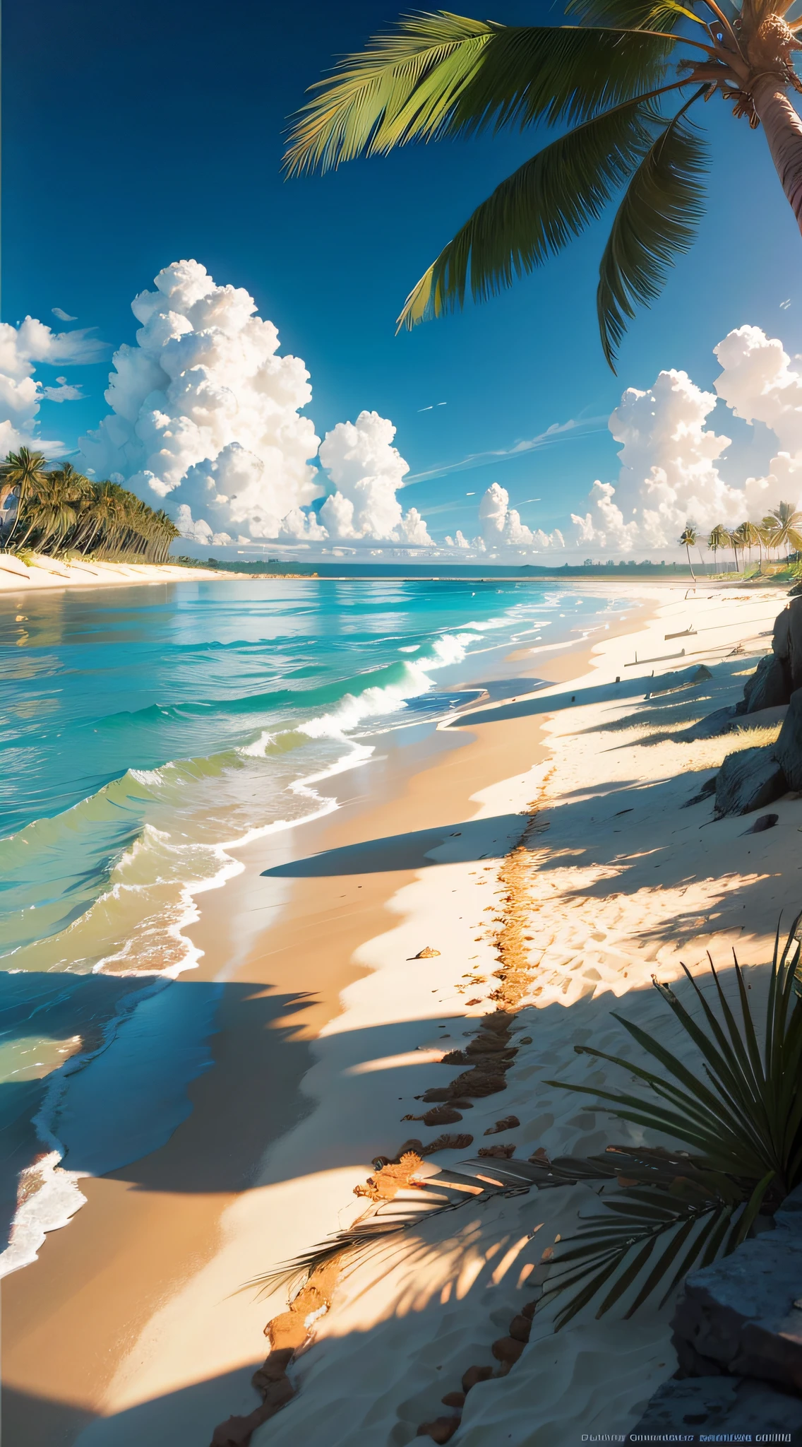 shoreline,Golden sandy beach,Tyndall,rays of sunshine,coconut palms,Clouds,suns