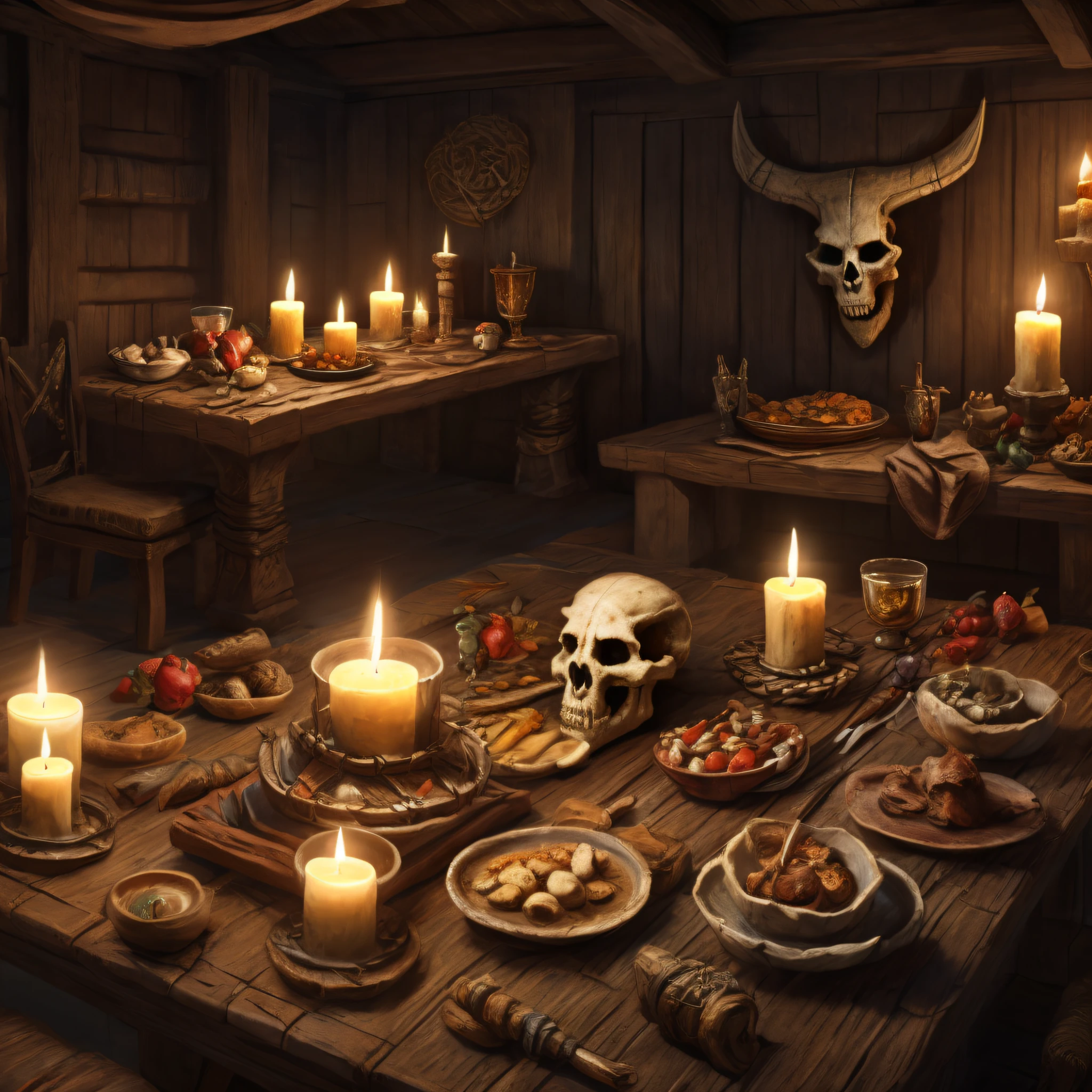 masterpiece, high quality, highly detailed, Oil painted by Harmen Steenwijck, a broken long sword in viking era, an ancient weathered rotten skull on the table, candle, feast,