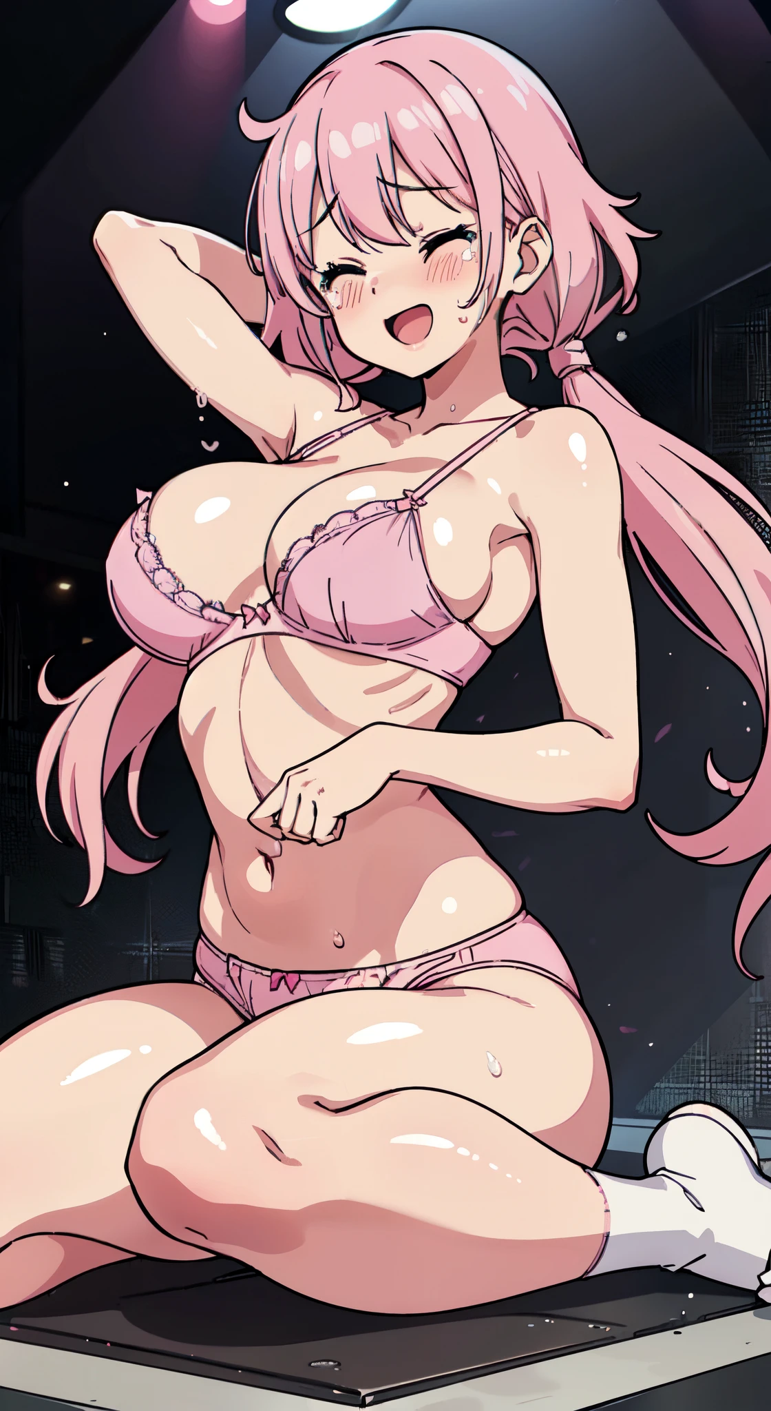 (( 1girl in)), (NSFW)、blush,Pink hair、Parted bangs、low twintails、Blue eyes、Open white shirt、(((Pink bra)))、(((Pink Panties)))、((large full breasts))、big butts、((thick thighs))、Sweat、((:D))、((((Surprised))))、is crying、(Straight hair)、Longhaire、Armpits、((spreading legs))、on a stage、Sitting on the floor、One eye is closed
