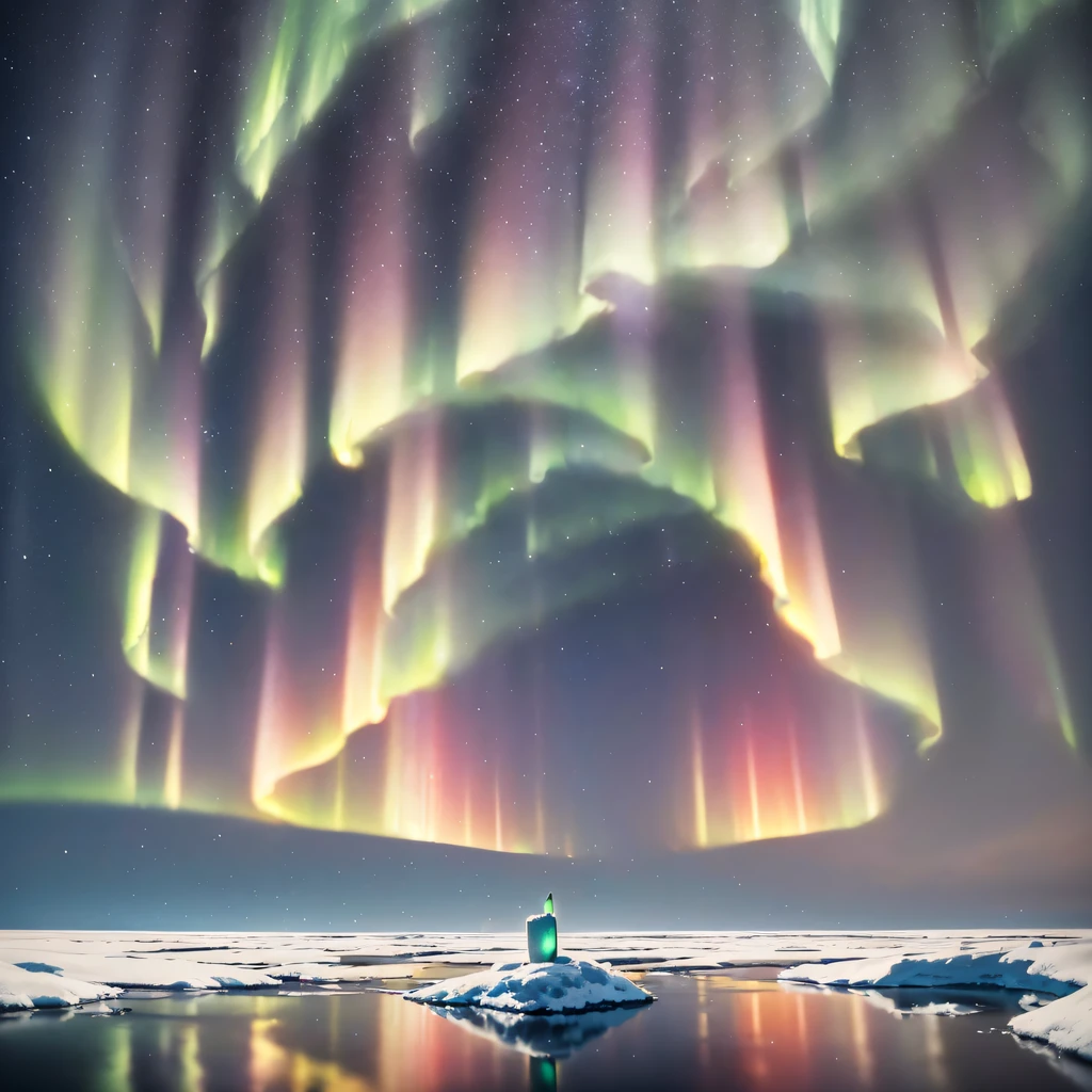 (extreme light，fritillary light，Northern Lights，Conspicuous group of auroras，Aurora Falls，Aurora Beach，Aurora Wave，The entire sky was filled with aurora borealis，Changeable colors，Starcloud，starrysky，black hole：1.55），This is a surreal complex CG rendering. At night, the light blue sky, the sand beach is covered with crystal clear, lifelike jade, glittering white and pink lily of the valley and petals, heart-shaped bright goose warm stone, crescent shaped sea water, Moon, Starlight, art, k hd, Starry sky, many small and colorful luminous particles, which are captured by the Milky Way, atarctive, tundra and icebergs, fantasy, Dream, High detail, Beauty, 8K, Natural warm light effect,aurora, octane light and shadow, Complex details, super wide-angle Panoramic photography. HD. volume light, Reflection, reflective light, exaggerated moonlight reflection.16K HD – Chaos 100