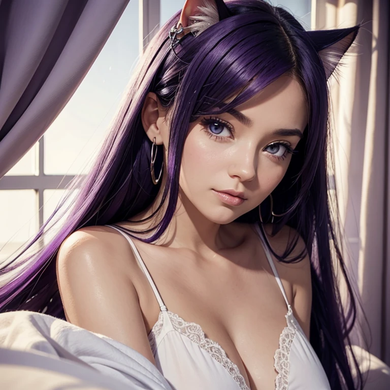 masterpiece, best quality, (realistic,photo-realistic:1.4), (RAW photo:1.2), extremely detailed CG unity 8k wallpaper, delicate and beautiful, amazing, finely detail, official art, absurdres, incredibly absurdres, huge filesize, ultra-detailed, extremely detailed, extremely detailkcaled girl,extremely detailed eyes and face, light on face,little smiles,hair between eyes,(purple hair:1.4),long hair,cat ears,windows,white hairclip