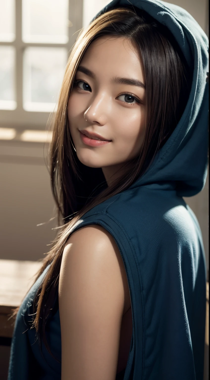 8k, best quality, masterpiece, realistic, ultra detail, photo realistic, hyper realistic, smoother lighting, increase cinematic lighting quality, realistic lighting, backlighting, brightening light, Increase quality, best quality real texture skin,
close-up, slender, cute face, smile, beautiful details eyes, 19years old korean, pretty, Drill hair with electric blue color, hood,