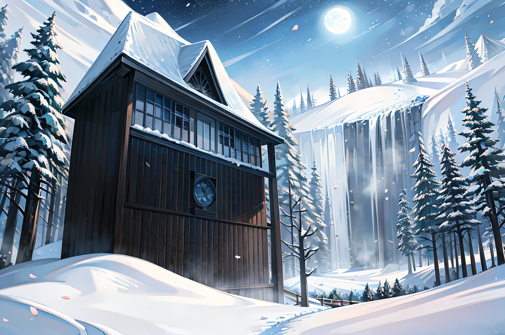 The mountains are covered with snow,Snow resort,grass covered with snow,tree covered with snow,petals,Frozen waterfalls,the night,Full moon,nigh sky