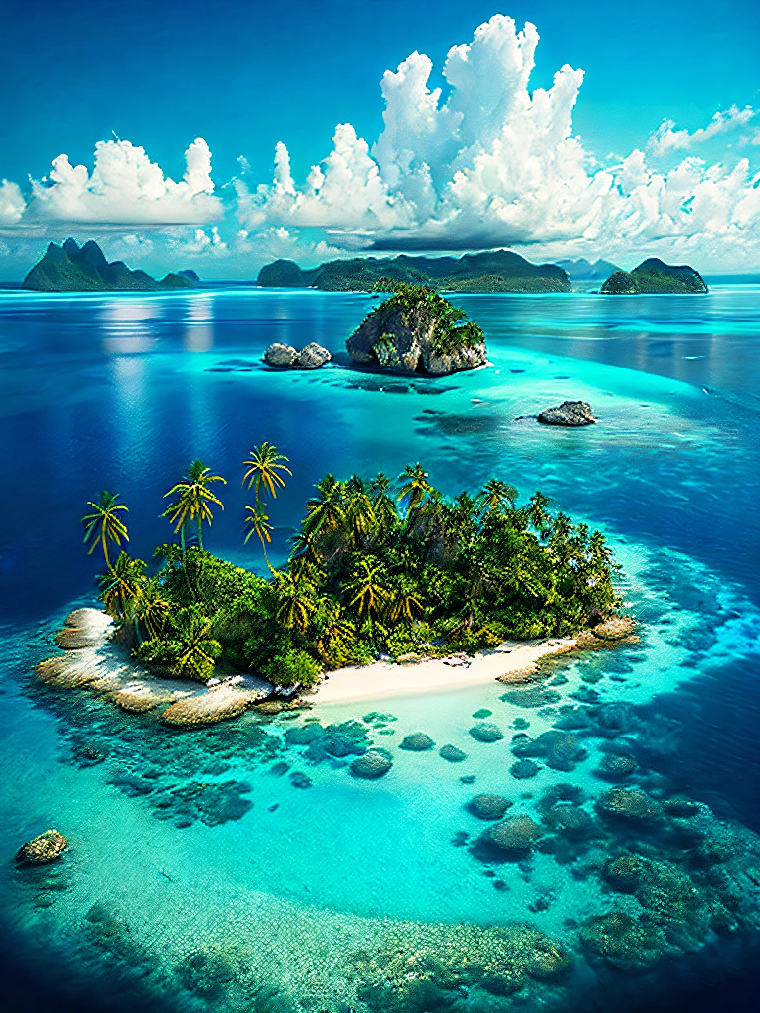 arafed island with palm trees and a sandy beach, tropical island, epic matte painting of an island, island in a blue sea, an island floating in the air, an island, island landscape, island floating in the sky, island background, monsoon on tropical island, island in the background, floating island, tropical location, island, island with cave, many islands, no humans, tree, cloud, sky, outdoors, scenery, day, palm tree, ocean, water, beach, blue sky, horizon, cloudy sky, nature, sand