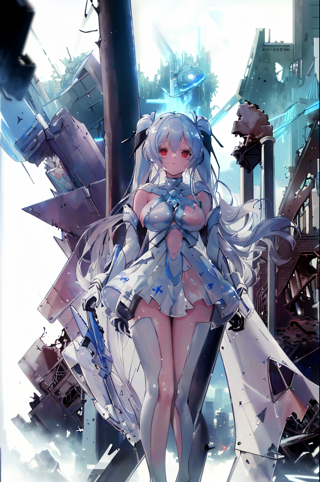 girl with long white hair and white dress, !teens girl,, in white futuristic armor, White Mecha, white haired god, azur lane style, sliver ice color reflected armor,, cyborg - girl with silver hair, glossy white armor、Cinderella/(Nike, Goddess of Victory)/、The moon is out、i&#39;((i&#39;Me in the ruined city))、((top-quality、8K、​masterpiece:1.3))、cute little、Twin-tailed、i&#39;((((In the ruined city))))、no feelings、red eyes、1 persons、shield armor