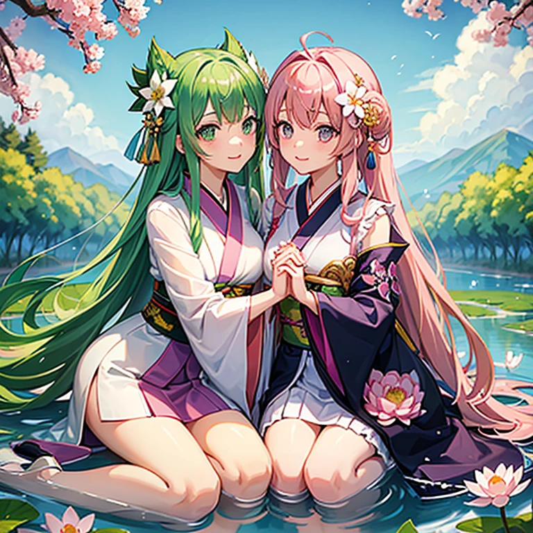 older sister（Pink hair、green colored eyes、Kimono with white、thigh、White flower hair ornament、green vale）and sister（long purple hair、Pink hair ornament、Kimono with white、green vale、thigh、）hug each other on their knees、Crying、above the puddle（both of us are wet）、lotus flower blooms、natta、saddened、Holding hands