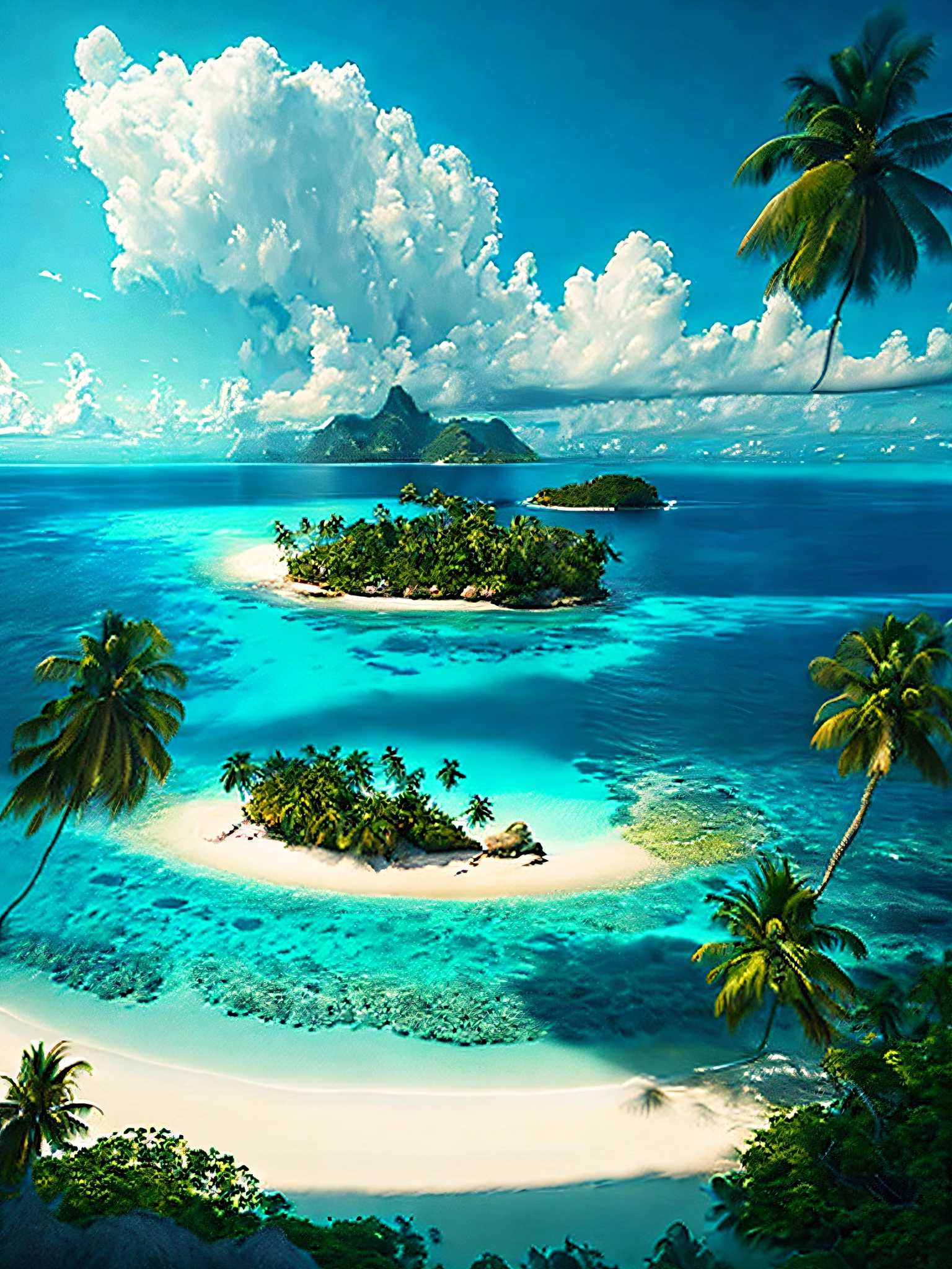 arafed island with palm trees and a sandy beach, tropical island, epic matte painting of an island, island in a blue sea, an island floating in the air, an island, island landscape, island floating in the sky, island background, monsoon on tropical island, island in the background, floating island, tropical location, island, island with cave, many islands, no humans, tree, cloud, sky, outdoors, scenery, day, palm tree, ocean, water, beach, blue sky, horizon, cloudy sky, nature, sand