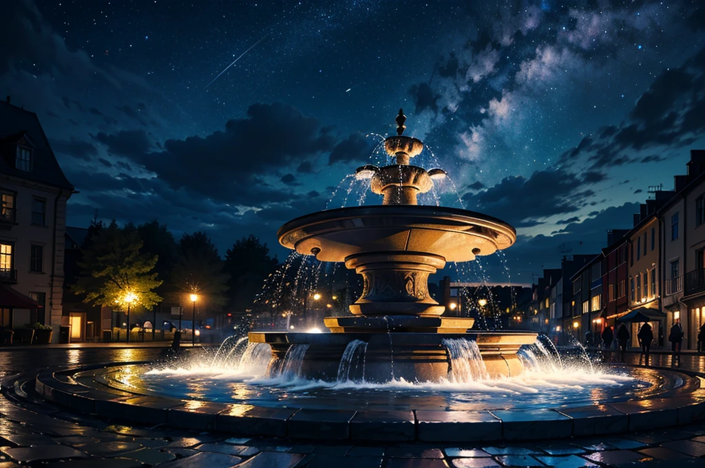 (best quality,4k,highres,masterpiece:1.2),ultra-detailed,realistic,physically-based rendering,professional,A fountain with multiple streams of water shooting up from the cobblestone pavement of a flat square. Blue illumination. Under a starry sky.