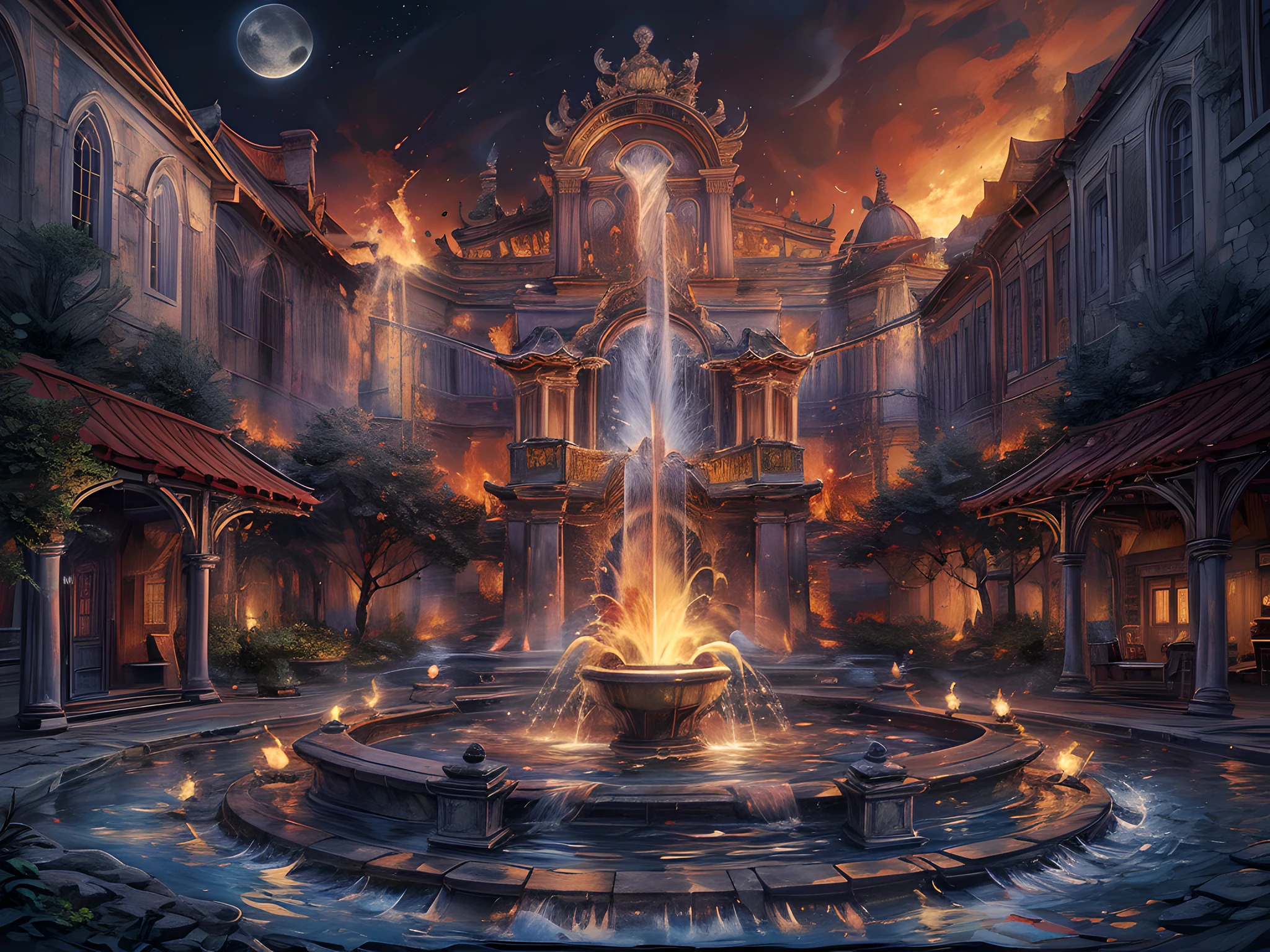 Fantasy art, RPG art, there is an epic sized magical (water fountain: 1.3) in an elven city town square, it has magical runes gl0w1ngR in the basin of the fountain, many rivulets of water entwined in (fire: 1.2), faize, the fire is combined with the water streams, its night time, moon is rising, photorealistic, 16k, RAW, award winning, (best detailed: 1.5), masterpiece, best quality, (ultra detailed), full body, ultra wide shot