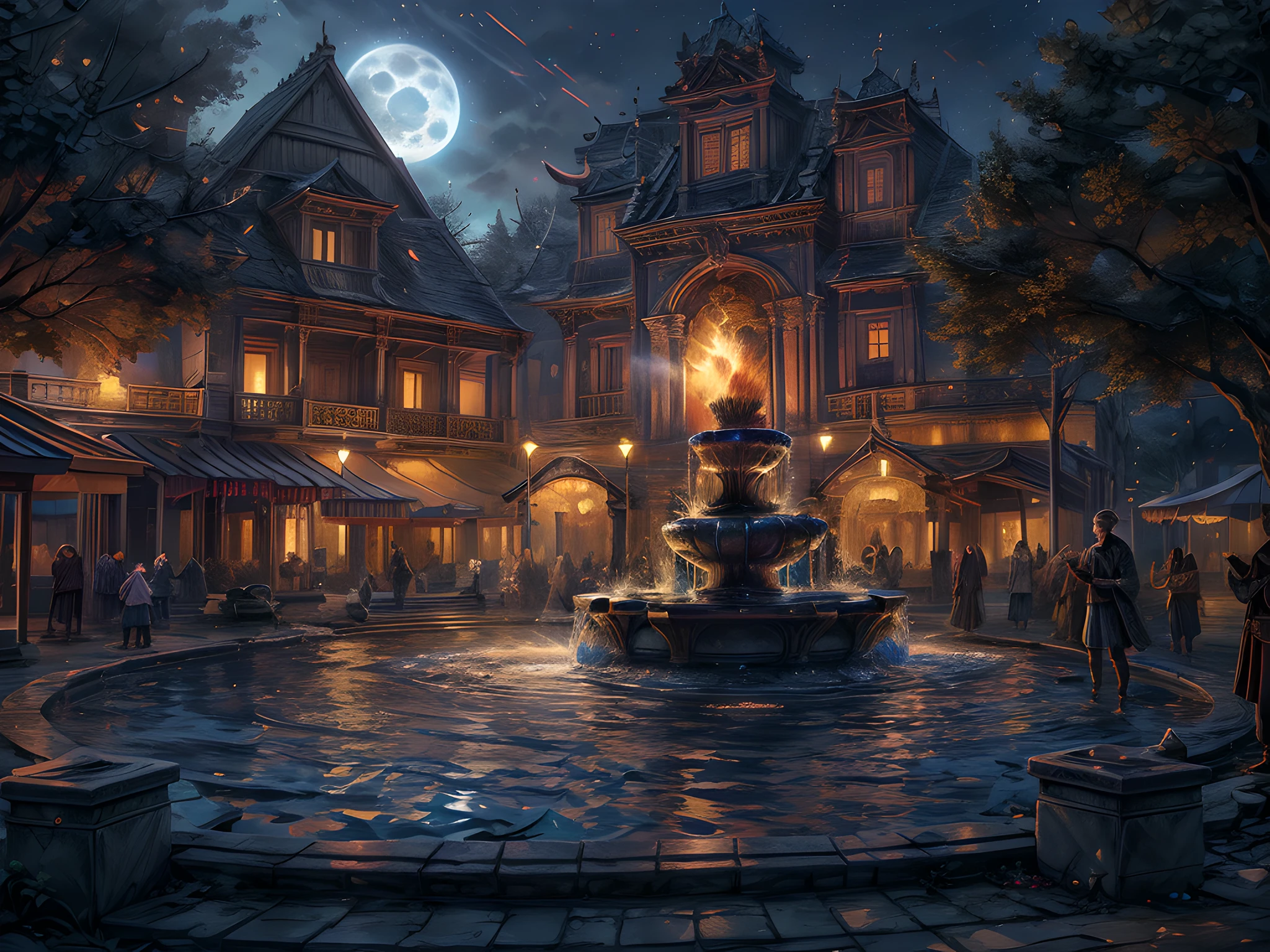 Fantasy art, RPG art, RAWת there is an epic sized magical (water fountain: 1.3) in an elven city town square, it has magical runes gl0w1ngR in the basin of the fountain, many rivulets of water entwined in (fire: 1.2), faize, the fire is combined with the water streams, its night time, moon is rising, photorealistic, 16k, RAW, award winning, (best detailed: 1.5), masterpiece, best quality, (ultra detailed), full body, ultra wide shot, abstract fractal