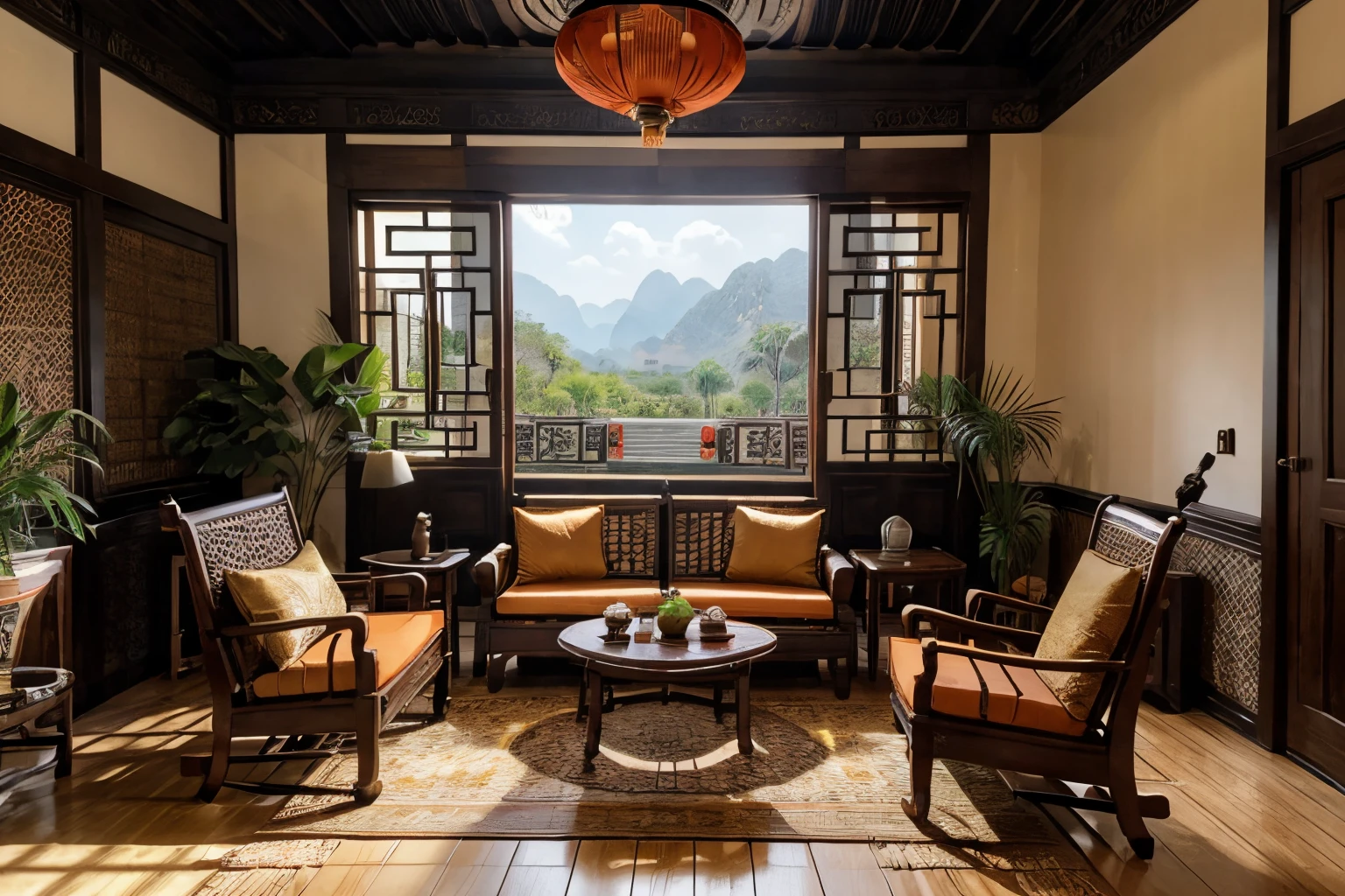 (indochina design LIVINGROOM:1.3), (photo realistic:1.2), (supper detail:1.2),1bed, 1 chair, classical chinese style pattern for the wall, 1 classic altar, 2 indochina chair, indochina style of cabinet, orange wall, indoor, (blackken wood :.1), indochina panel door indoor, (The ceiling is made from woven rattan sheets and lintels), daylight, Unreal Engineer 8K, full HD 8K