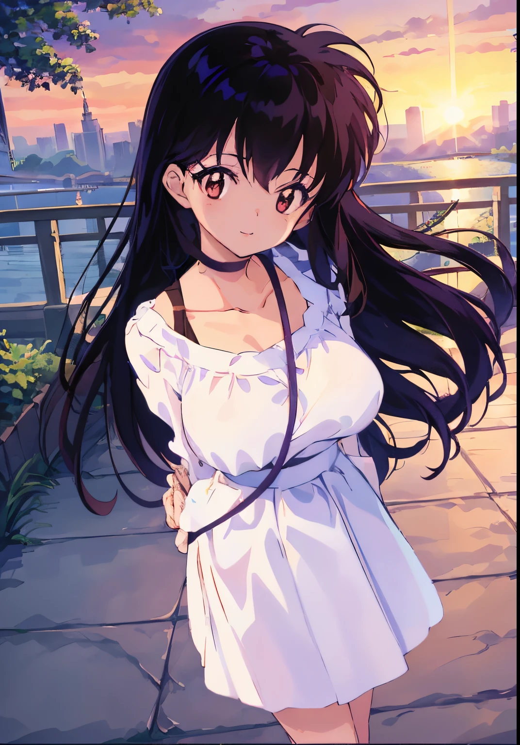 masuter piece, Best Quality, 超A high resolution, top-quality, Anime style, The best lighting, Beautiful face, 1girl in, Kagome Higurashi, Brown-eyed, Face Focus, Photorealsitic, (hyper realisitic:1.2), perfect  eyes, face perfect, Perfect litthing, plein air, Perfect smile, Cute casual outfit