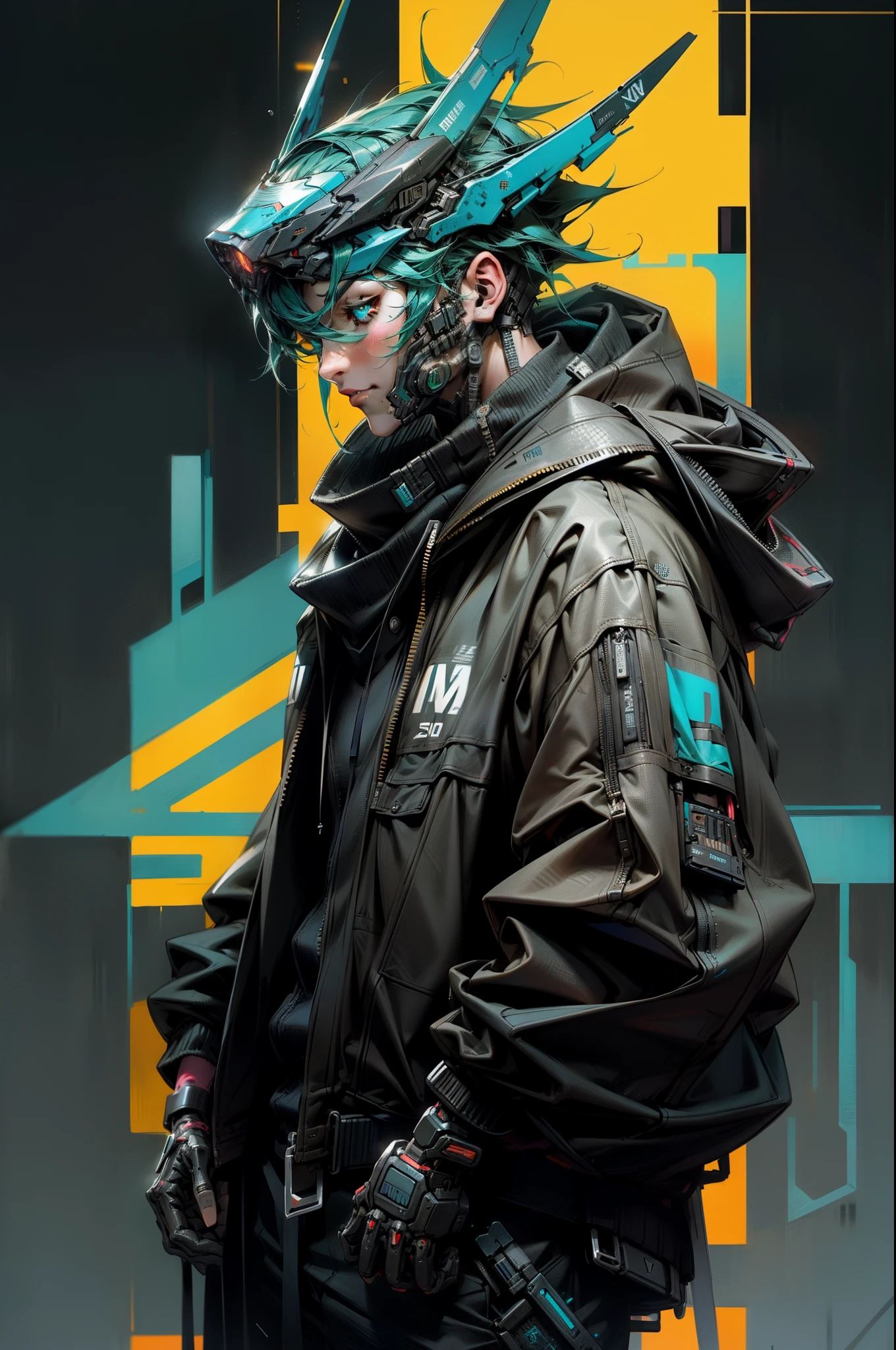 There was a boy wearing a mask and a black hoodie,With a knife in his hand, Hyper-realistic cyberpunk style,Digital cyberpunk anime style,cyan colors