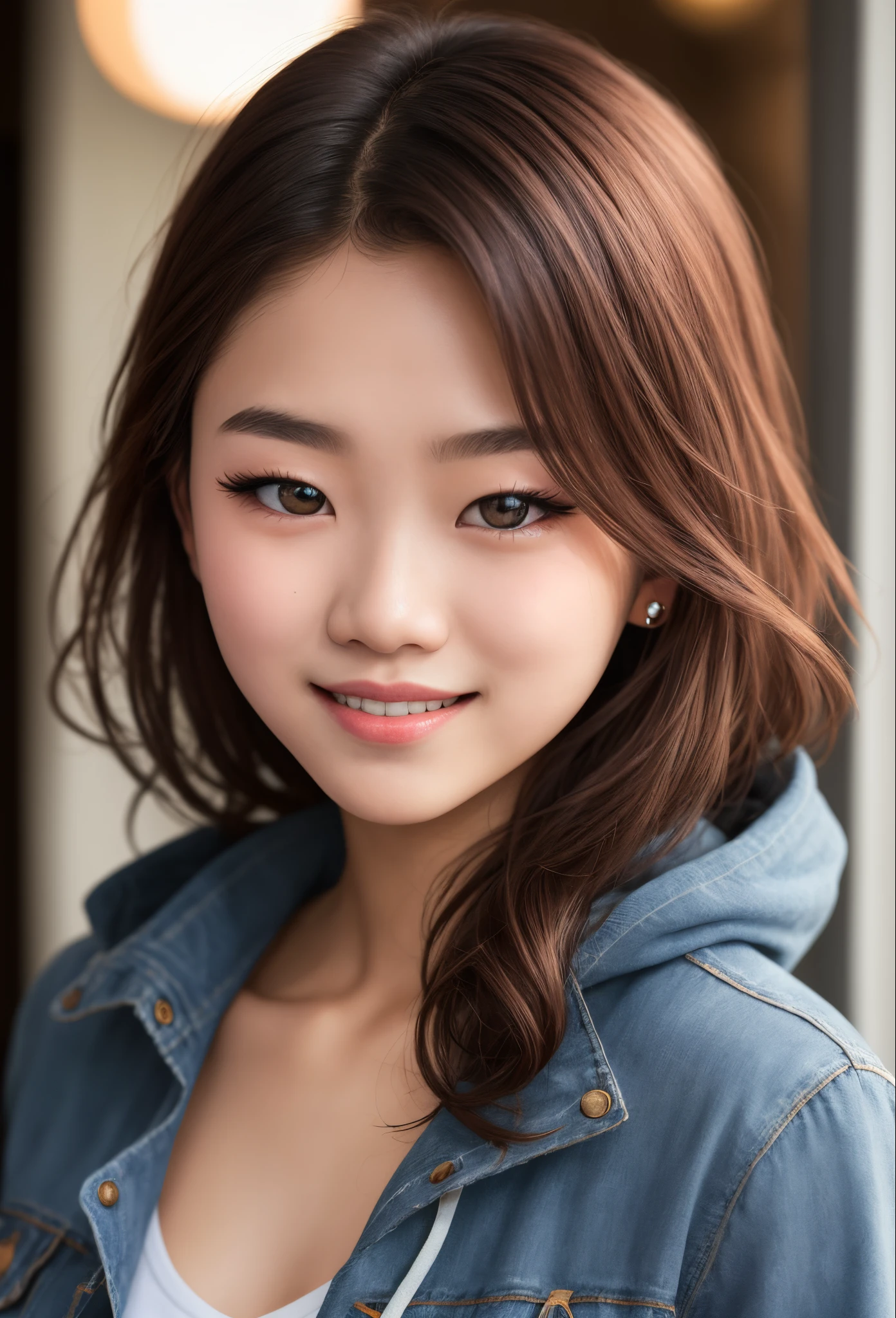 8k, best quality, masterpiece, realistic, ultra detail, photo realistic, hyper realistic, smoother lighting, increase cinematic lighting quality, realistic lighting, backlighting, brightening light, Increase quality, best quality real texture skin, close-up, slender, cute face, smile, beautiful details eyes, 19years old korean, pretty, Drill hair with electric brown color, hood,