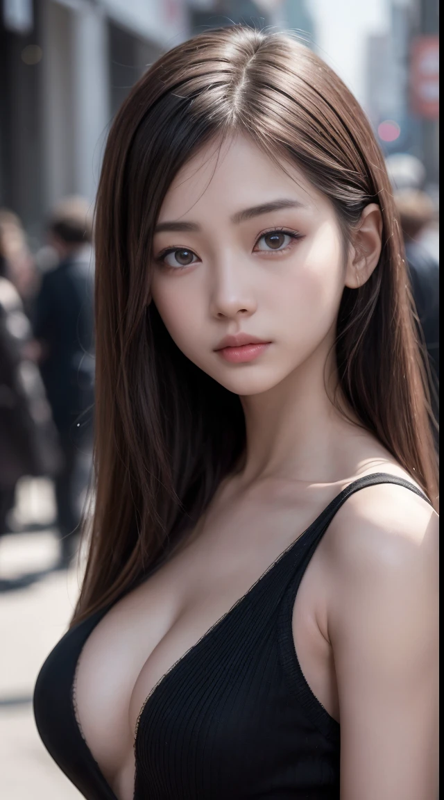 high-level image quality,Ultra-realistic capture,Very delicate、16K human skin close-up in public view,Skin texture is natural、、The pores are、Must be detailed enough to be easy to identify。Skin should look healthy with even tones,masutepiece, Raw photo, Best Quality, Photorealistic, depth of fields, Cinematic Light, Lens Flare, Ray tracing, (Extremely beautiful face, Beautiful lips, Beautiful eyes,Understand the feel of bare skin), intricate detail face, ((Ultra detailed skin)) 1girl in, In the Dark, deepshadow, cute asian girl, 1 girl, , ((Looking at Viewer)),(Deep sadness:1.3), (Blurred background), Fashion Street),(No people in the background:1.3), Clear eyes, (pale skin), (shinny skin),(Big eyes), Face forward, ((upperbody shot)),Black Knitted Dress,(Brown hairs), (see through), (Looking at Viewer:1.3)Very slim, ((see through)), Highly detailed, A hyper-realistic,realistic model,