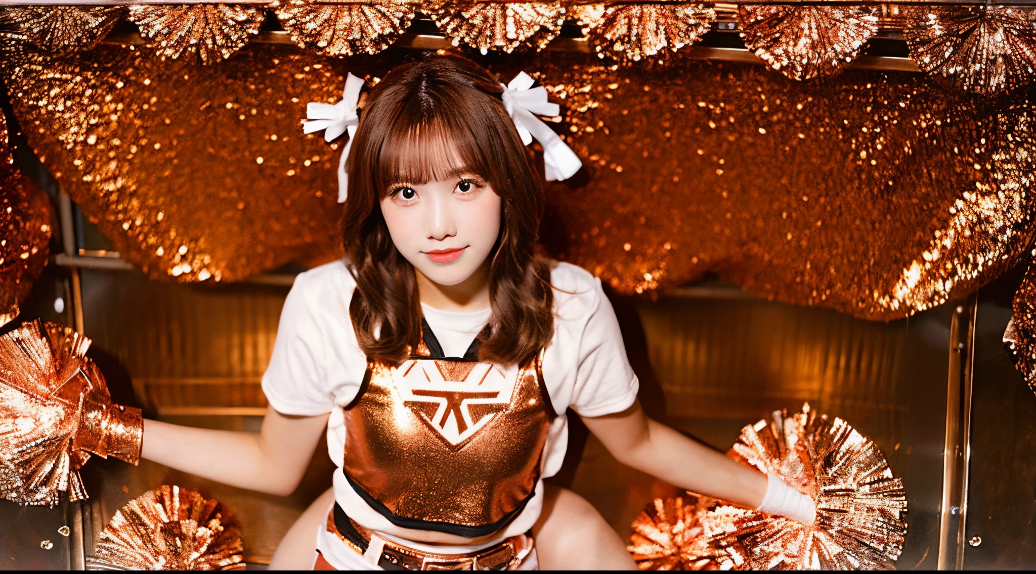 Cute 18-year-old cheerleader in a copper-colored miniskirt