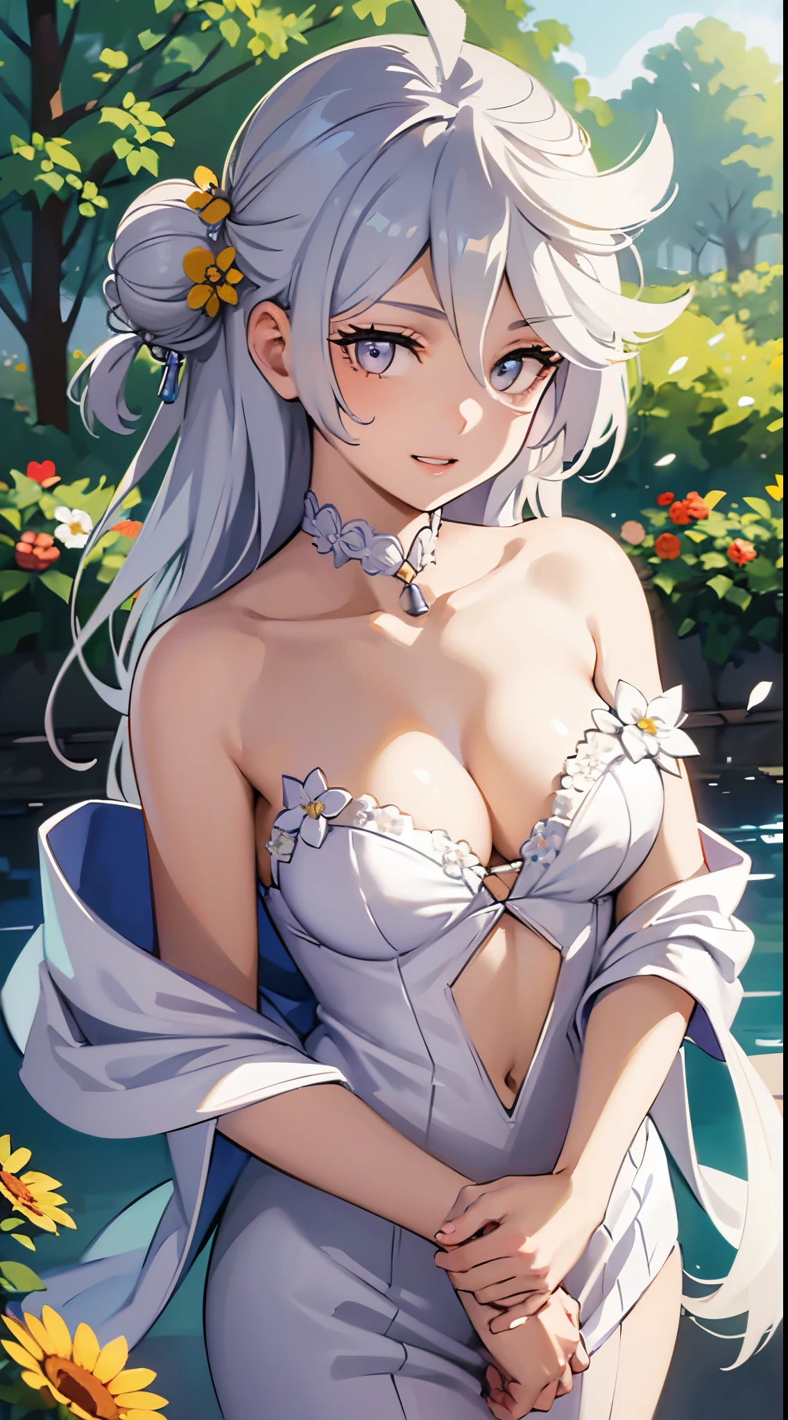 best quality,highres,ultra-detailed,realistic,photorealistic:1.37,portrait, intricate white dress, intricate white bra, standing,flowers field,silver long hair,bun hair,smiling woman,close up to torso,large breast,cleavages,beautiful detailed eyes,beautiful detailed lips,flower petals on air,bare shoulders,vivid colors,studio lighting,soft sunlight, happy face,