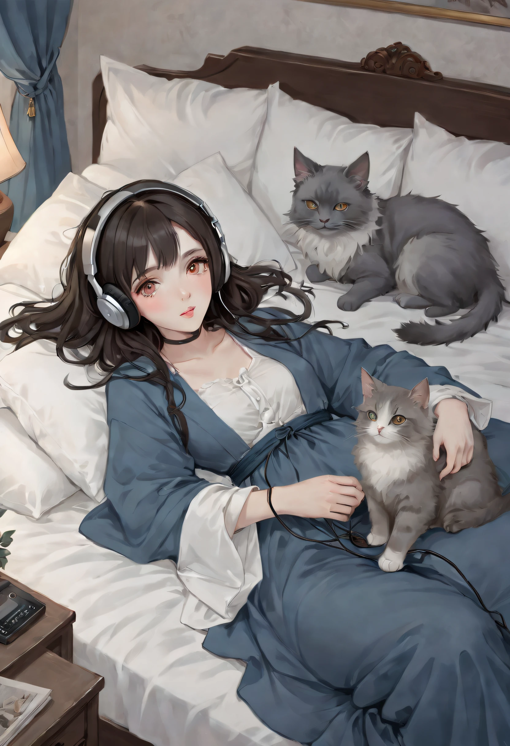 Young isabelle Adjani look alike woman laying in bed with headphones with her nebelung cat, artwork in the style of guweiz, very beautiful cute, cute digital art, nightcore, digital anime illustration, cute detailed digital art, adorable digital painting, artgerm. anime illustration, soft anime illustration, anime digital art, digital anime art, ! dream artgerm