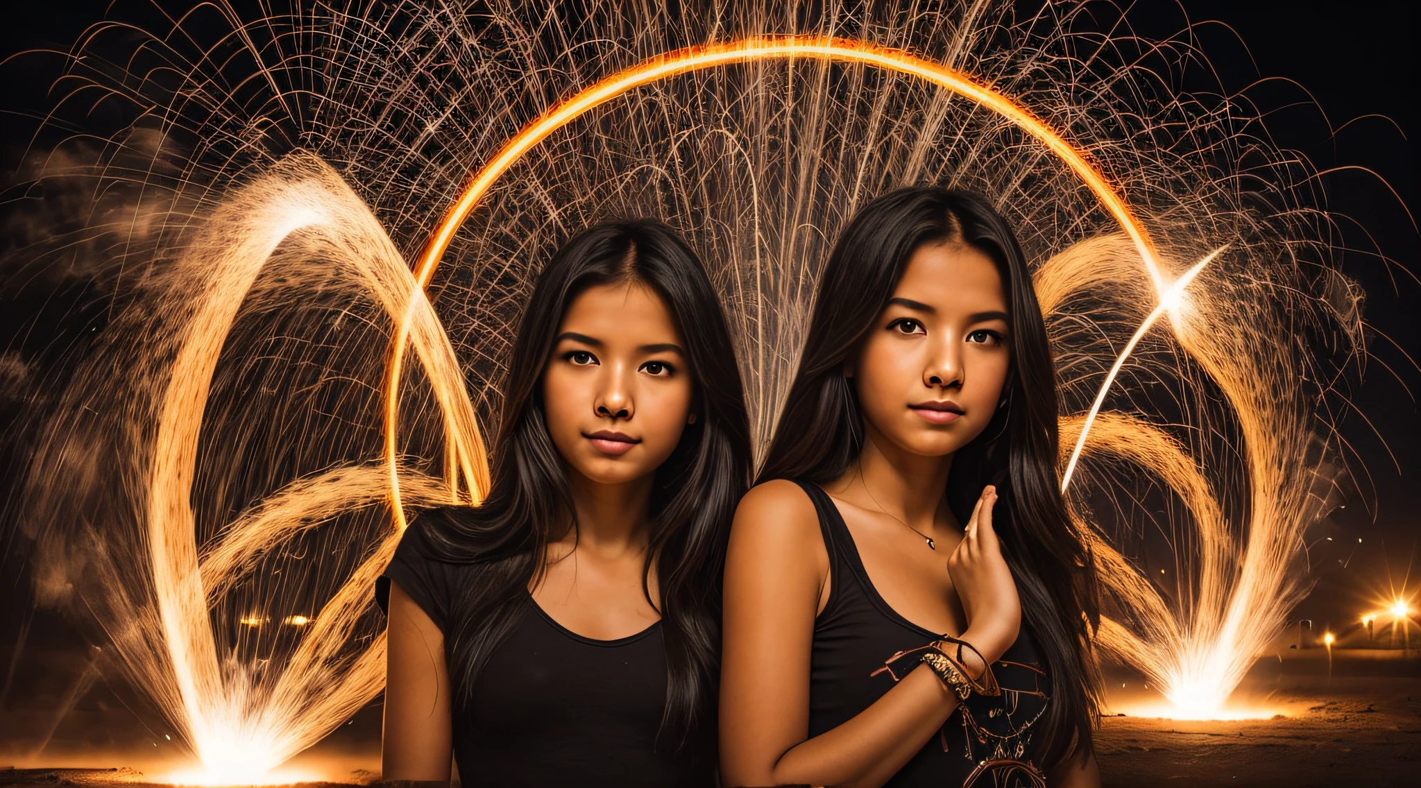 there are two CHILDREN girls in front of a ring of fire, tinta de luz difusa, pintura de luz, pintura de luz, tinta luminescente luminosa, Shutterstock, Tinta transparente, desfoque de movimento de pintura de luz, Foto retrato, halo de fogo luminoso, Vencedor do concurso Pexels, ponto de fogo, Foto vencedora do concurso Unsplash, Rotating smoke trails, Directed by: Sebastian Spreng
