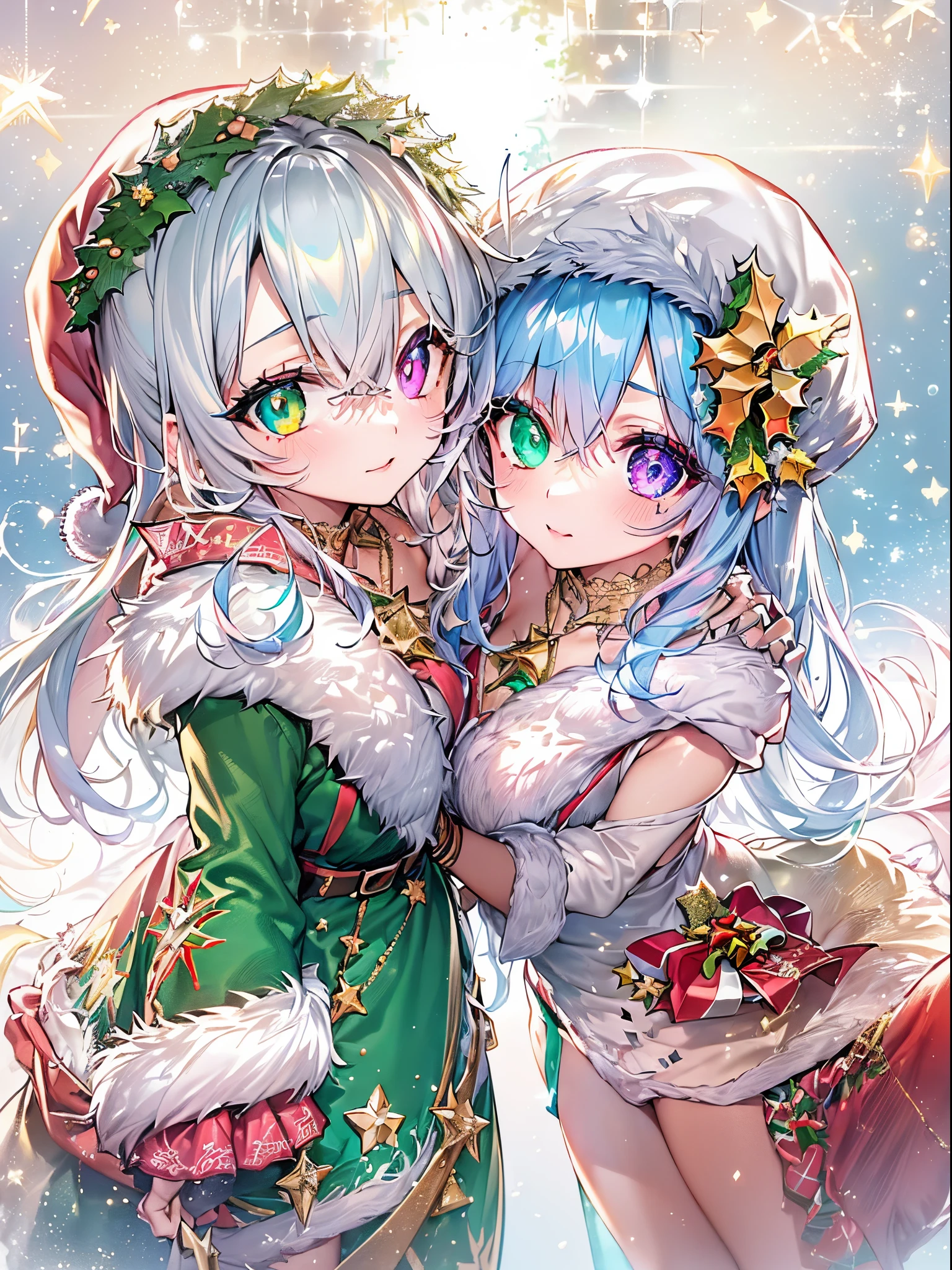 (2 girls in), ((Christmas:1.2,santa costume:1.2)){{{Glitter Pupil:1.25, Heart-shaped pupil:1.3,eye glass:1.3}}}),((Half blue and half pink hair,Shiny hair,Glowing hair)), (Heterochromia), (Light focus , Warm light gradient,Bright light gradient , Lens Flare, Fluffy, kirakira, Dreamy), ((masutepiece, of the highest quality, Beautiful and aesthetic)), {{{The best lighting, Very delicate and beautiful,Cinematic Light}}}, (delicate detail,Hyper-detailing, intricate-detail)