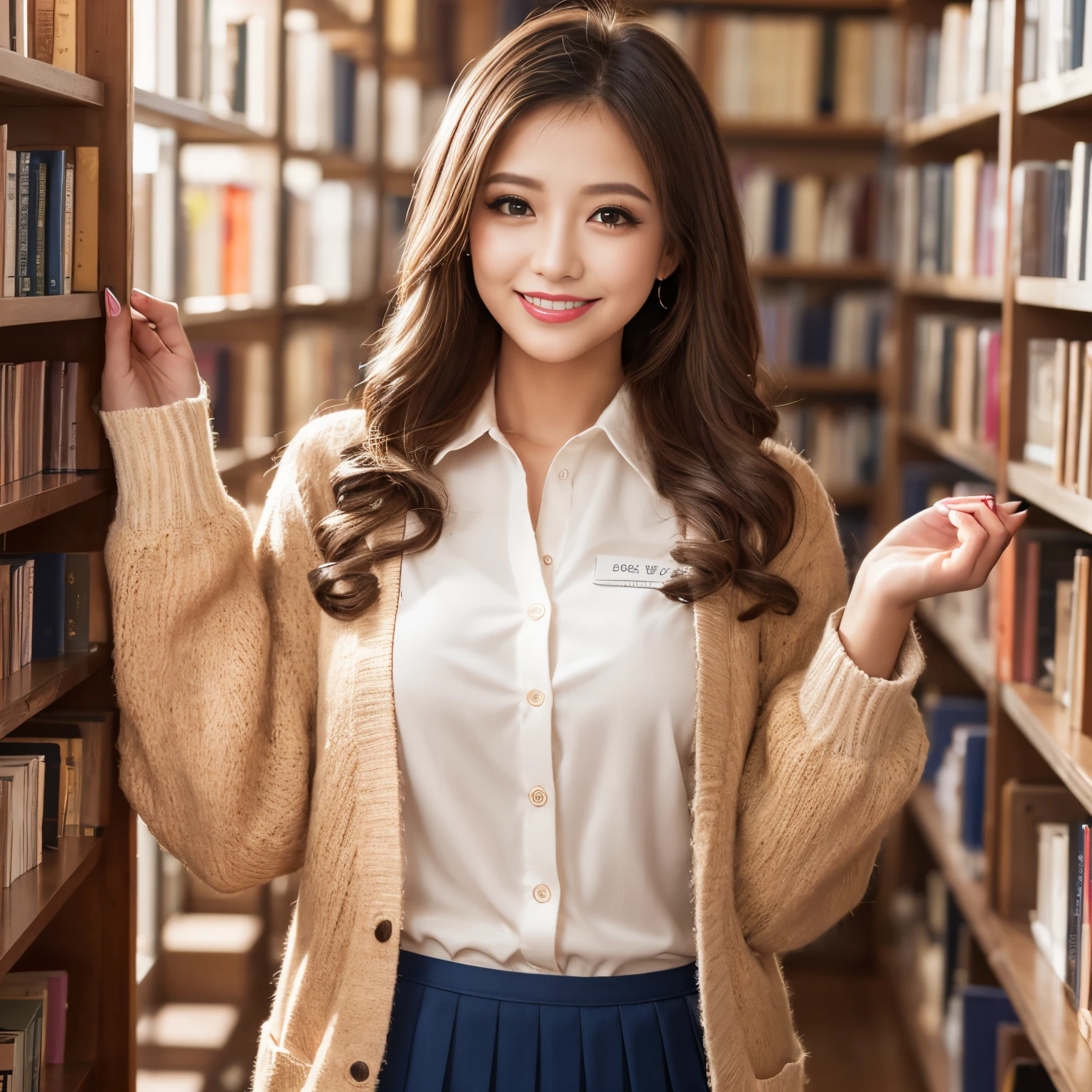((top-quality、masutepiece、8K、Top image quality))、Highly saturated、1 schoolgirl、((Light brown cardigan、Uniform Shirt、Ribbon on the chest、navy pleats skirt))、The happiest smile、View me、waved hair、Being in the library、Stand next to a bookshelf、Bookshelf in background、cozy library、lipsticks、long eyelashes、Perfect makeup、Emphasize body lines、large full breasts、soft warm lighting、Detailed bookshelf、accurate anatomy